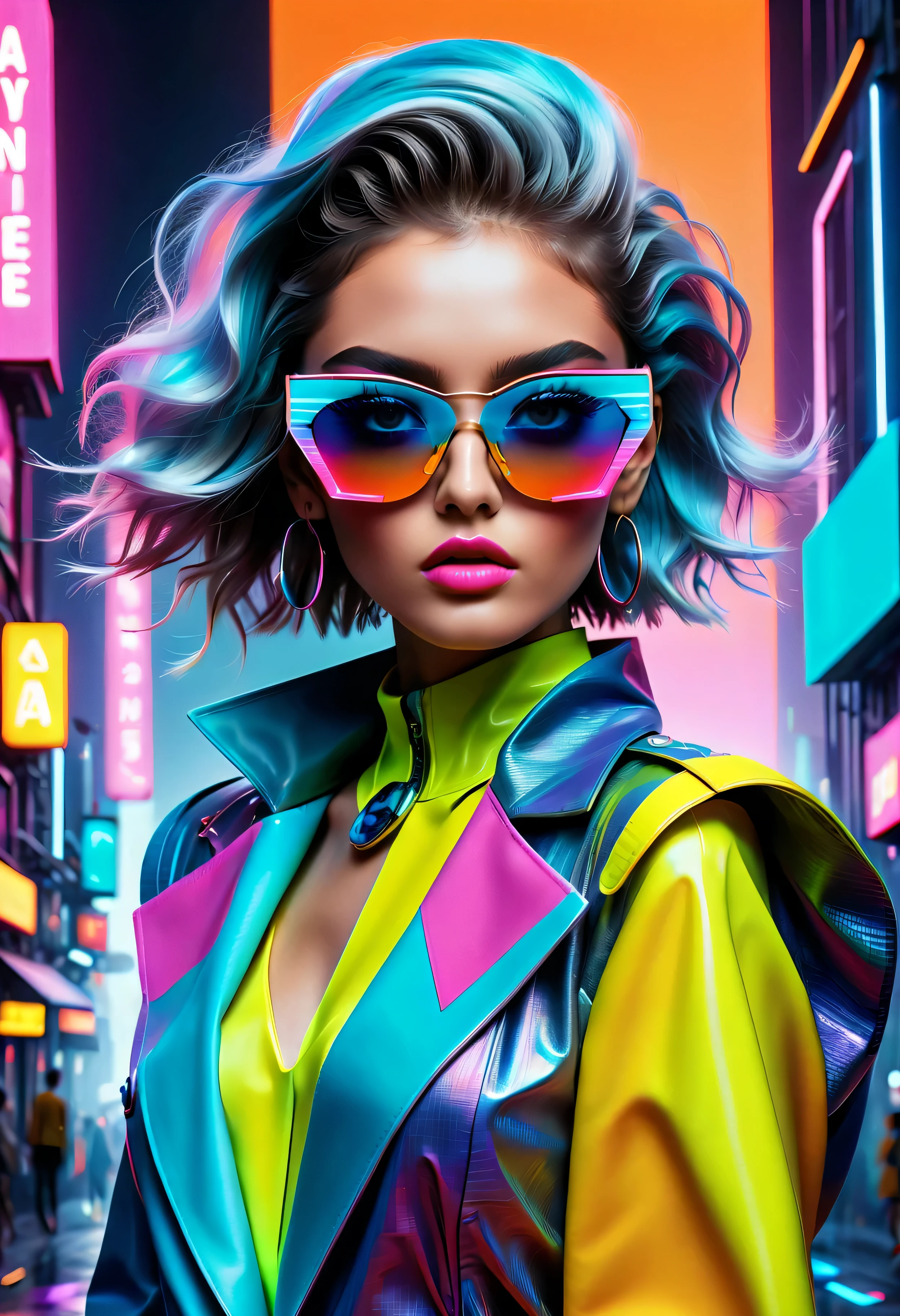 (best quality,4k,8k,highres,masterpiece:1.2),ultra-detailed,(realistic,photorealistic,photo-realistic:1.37),avant-garde,vaporwave aesthetic,unique fashion concept,creative and futuristic designs,extravagant wardrobe,vibrant and neon color palette,experimental materials and textures,digital glitch effect,surreal backdrop of a retro-futuristic cityscape,models portraying confidence and attitude,hairstyles with bold colors and geometric shapes,
dramatic makeup with metallic accents,high-fashion accessories like oversized sunglasses and statement jewelry,platform shoes with neon lights,confident poses and dynamic movements,interactive holographic projections surrounding the models,artificial intelligence assistants wearing fashion-forward outfits,superimposed data streams and coding symbols,highlighting the fusion of technology and fashion,celebrities and influencers showcasing the avant-garde fashion trend,conceptual and thought-provoking fashion show settings,celebrating individuality and self-expression,combining alternative and vintage styles with modern fashion,immersive visual experience for the viewers,cinematic lighting design to enhance the futuristic atmosphere.