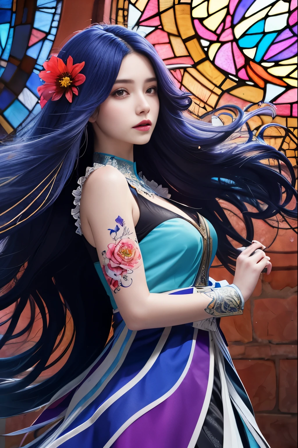 tide play,luxray, split color hair, wind, flying petals, stainedglassai, ornamental, intricate details, dufkova, 2d, lineart, watercolor, ink watercolor, random color hair, super long hair, wavy, 1girl,alraune,flower, alraune,