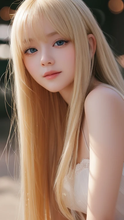 light smile、night、Live shooting、(((Portrait of extreme beauty)))、((glowing skin))、1 girl、Beautiful blonde girl from Prague, 11 years old、((まばゆいばかりのBrightいブロンドの髪))、[Bright, Sparkling pale blue eyes]、shiny very white skin、Hair color that changes depending on the light source、silky super long straight blonde hair、eyeliner、Bangs are long、blonde hair above the eyes、blonde over one eye、The blonde hair is hanging between the eyes、((masterpiece、最high quality、Super detailed、film light、intricate details、High resolution、8K、very detailed))、detailed background、8K UHD、digital single lens reflex、soft light、high quality、film grain、XT3 、shallow depth of field、Natural light、（There is no special beauty、gross face、Very big blue eyes、very big eyes、bangs between the eyes、片blonde hair above the eyes、blonde hair above the eyes、small face beautiful girl、cheek gloss highlight