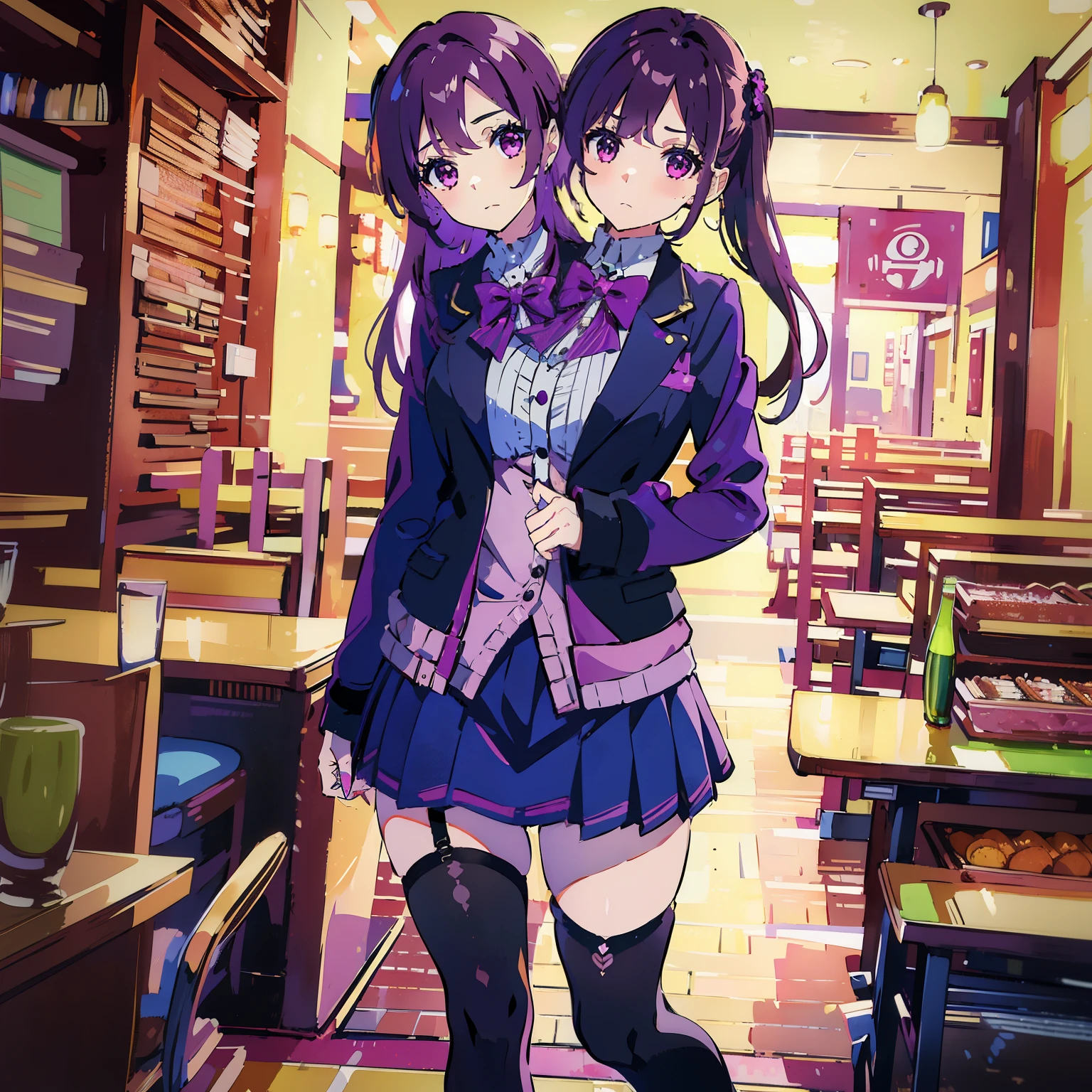 best quality, (masterpiece),(ultra-detailed), (high quality), (high resolution), (2heads:1.5), purple hair, brown hair, magenta blouse with a black jacket and a navy-blue mini skirt with pleats, fingerless black gloves, suede shoes, casual outfit