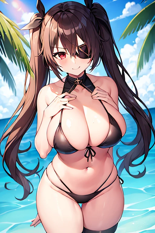 1girl, large breasts, breasts, wide hips, black bikini, highleg bikini, eyepatch, one eye covered, ((eyepatch)), red eyes, brown hair, long hair, beach, smile, twintails
