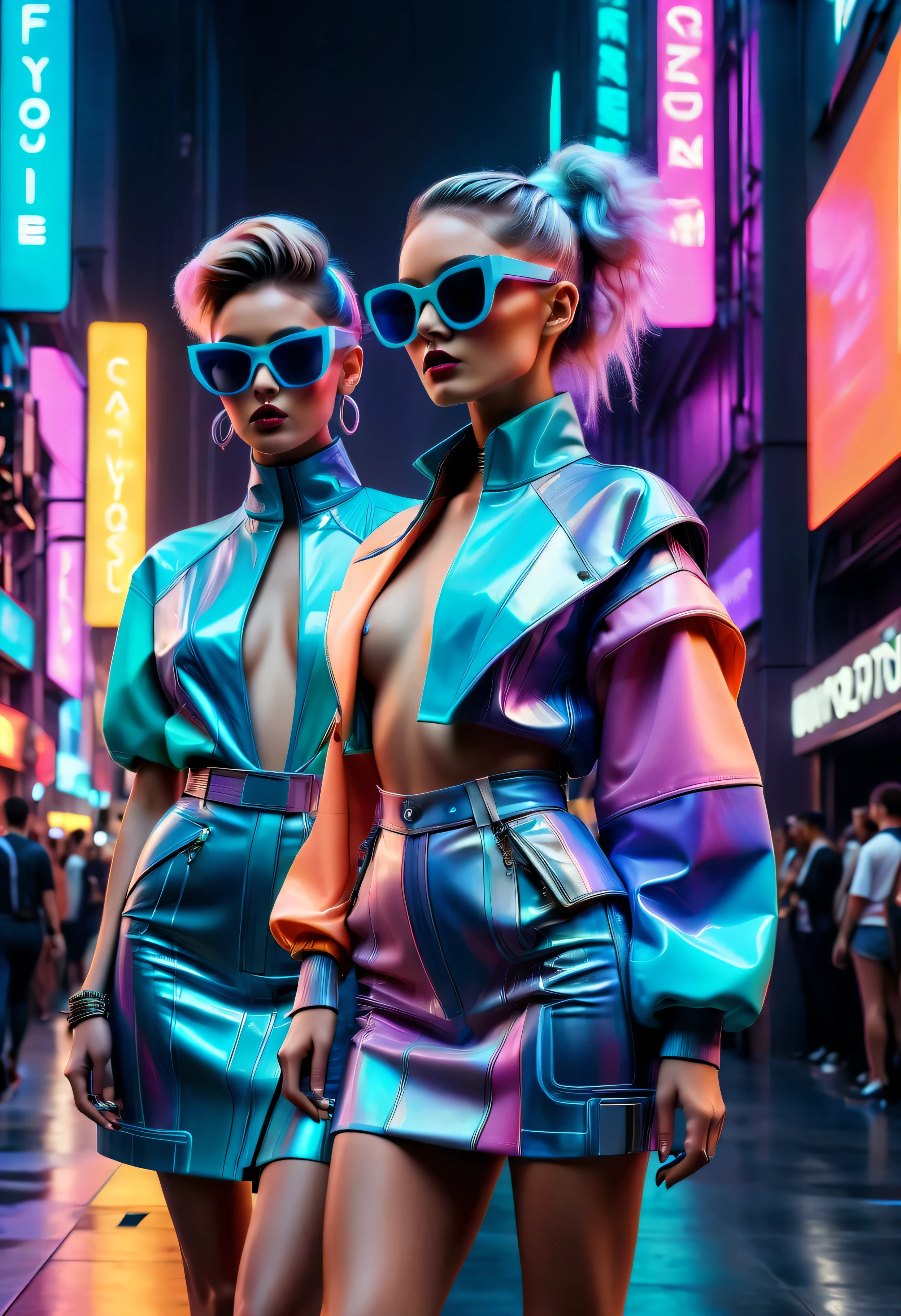 (best quality,4k,8k,highres,masterpiece:1.2),ultra-detailed,(realistic,photorealistic,photo-realistic:1.37),avant-garde,vaporwave aesthetic,unique fashion concept,creative and futuristic designs,extravagant wardrobe,vibrant and neon color palette,experimental materials and textures,digital glitch effect,surreal backdrop of a retro-futuristic cityscape,models portraying confidence and attitude,hairstyles with bold colors and geometric shapes,
dramatic makeup with metallic accents,high-fashion accessories like oversized sunglasses and statement jewelry,platform shoes with neon lights,confident poses and dynamic movements,interactive holographic projections surrounding the models,artificial intelligence assistants wearing fashion-forward outfits,superimposed data streams and coding symbols,highlighting the fusion of technology and fashion,celebrities and influencers showcasing the avant-garde fashion trend,conceptual and thought-provoking fashion show settings,celebrating individuality and self-expression,combining alternative and vintage styles with modern fashion,immersive visual experience for the viewers,cinematic lighting design to enhance the futuristic atmosphere.