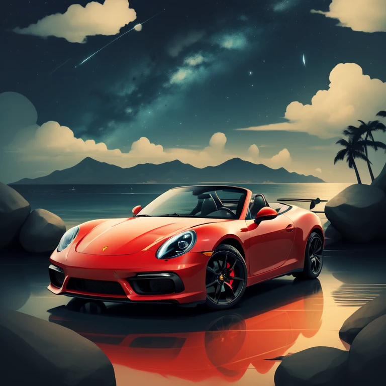 ((An illustration、flat design、print、Ukiyo-e)), (red convertible Porsche961),isometric, bright color vector, (Seaside city, Palm tree、boat at anchor、(Sea of night、starry skies、beach house、dark Knight))、You can see a big green suitcase on it..、car trip、Ichiban star、((car close up))