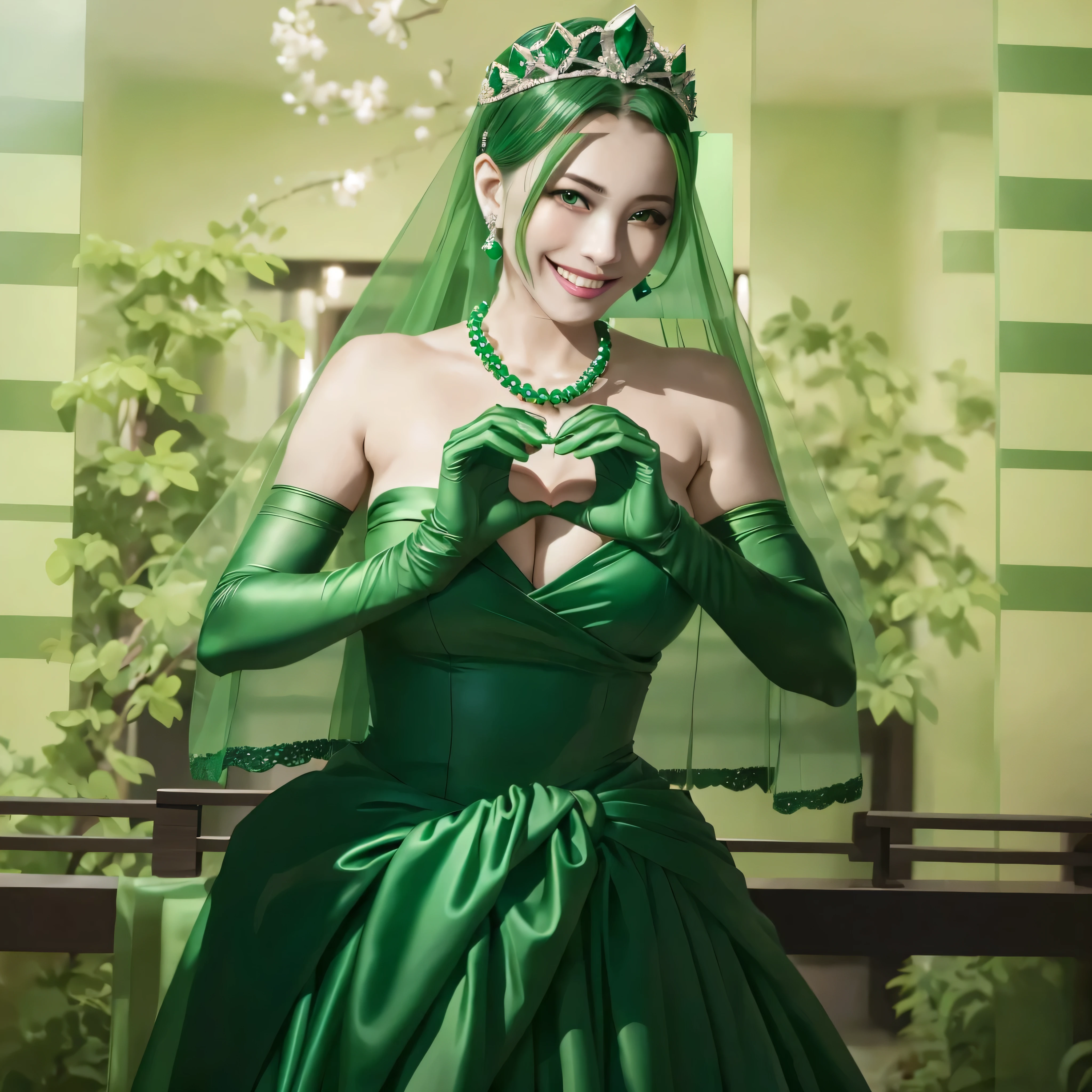 emerald tiara, green pearl necklace, ボーイッシュな非常に短いgreen hair, lipstick, smiling Japanese woman, very short hair, Beauty with large breasts, green eyes, Long Green Satin Gloves, green eyes, emerald earrings, green veil, heart with both hands, green hair, beautiful japanese woman, heart shaped hand:1.3
