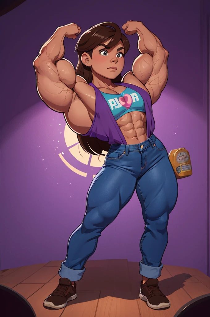 muscle girl with High cheekbones and a strong jawlineflexing muscles wearing purple muscle shirt and light blue jeans, her hair a rich chestnut brown, giving her a dynamic and youthful appearance, muscle woman, big muscles, huge muscles, massive muscles, muscle girl, bronze skin, Her facial features are a mix of determination and kindness, with expressive eyes that radiate a sense of adventure