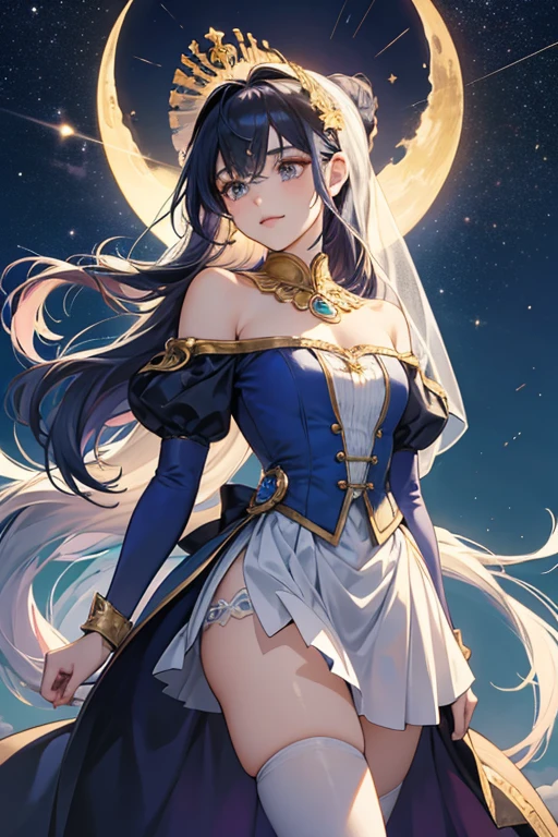 Moonlight Cookie is an average-height Cookie with faded golden dough and a spindly frame. Her round, kind eyes, gently sloping downwards atop rosy cheeks, are periwinkle with sharp lashes. She has a caring expression rendered by a sweet plum smile and a thin eyebrow raised in slight curiosity. The spellcaster's locks are a billowing night sky of twinkling stardust, borne in a void of black and fading in an indigo moonset; the bangs upon her head are split into three rounded sections with one curled upon her forehead and two symmetrically framing her face. Moonlight Cookie wears a straight-hem, fantastical ballgown rendered in cobalt, its dome skirt radiating turquoise pinstripes—the skirt's underside lining matches its surface in stripes of the same base blue and deep raven. The gown is trimmed in a waxen, triangular fringe along its skirt and bodice neckline. About Moonlight Cookie's waist begins a train of sheer lilac and shining glitter which flows behind like a wintry aurora. Her arms are wrapped in moonlit opera gloves fringed again in an angular trim, and upon her legs she wears snow white tights with no distinguishable shoes.
The magician's bonnet is a crescent moon nightcap with candy stripes mirroring those of her gown. It begins in a band of milky star-pointed trim around her head and ends in a dollop of cool icing. Like a bride's veil, from the cap trails another sheath of aurora tulle. Moonlight Cookie steadfastly carries the key to the City of Wizards, a gilt staff topped with an ornament of a crescent moon and enveloped star. Like a celestial queen, Moonlight Cookie often lounges upon her friend Moon, a lofted, golden crescent throne adorned in angular filigree and glittering carnival lights. GLITTER