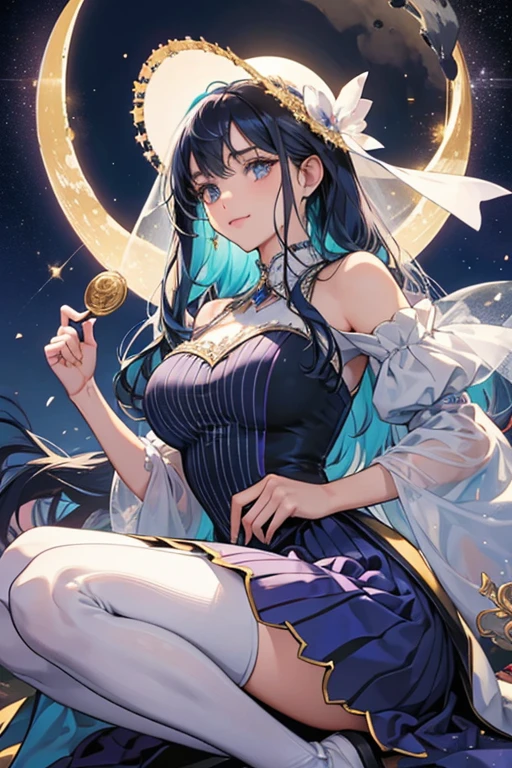 Moonlight Cookie is an average-height Cookie with faded golden dough and a spindly frame. Her round, kind eyes, gently sloping downwards atop rosy cheeks, are periwinkle with sharp lashes. She has a caring expression rendered by a sweet plum smile and a thin eyebrow raised in slight curiosity. The spellcaster's locks are a billowing night sky of twinkling stardust, borne in a void of black and fading in an indigo moonset; the bangs upon her head are split into three rounded sections with one curled upon her forehead and two symmetrically framing her face. Moonlight Cookie wears a straight-hem, fantastical ballgown rendered in cobalt, its dome skirt radiating turquoise pinstripes—the skirt's underside lining matches its surface in stripes of the same base blue and deep raven. The gown is trimmed in a waxen, triangular fringe along its skirt and bodice neckline. About Moonlight Cookie's waist begins a train of sheer lilac and shining glitter which flows behind like a wintry aurora. Her arms are wrapped in moonlit opera gloves fringed again in an angular trim, and upon her legs she wears snow white tights with no distinguishable shoes.
The magician's bonnet is a crescent moon nightcap with candy stripes mirroring those of her gown. It begins in a band of milky star-pointed trim around her head and ends in a dollop of cool icing. Like a bride's veil, from the cap trails another sheath of aurora tulle. Moonlight Cookie steadfastly carries the key to the City of Wizards, a gilt staff topped with an ornament of a crescent moon and enveloped star. Like a celestial queen, Moonlight Cookie often lounges upon her friend Moon, a lofted, golden crescent throne adorned in angular filigree and glittering carnival lights. GLITTER; JELLY