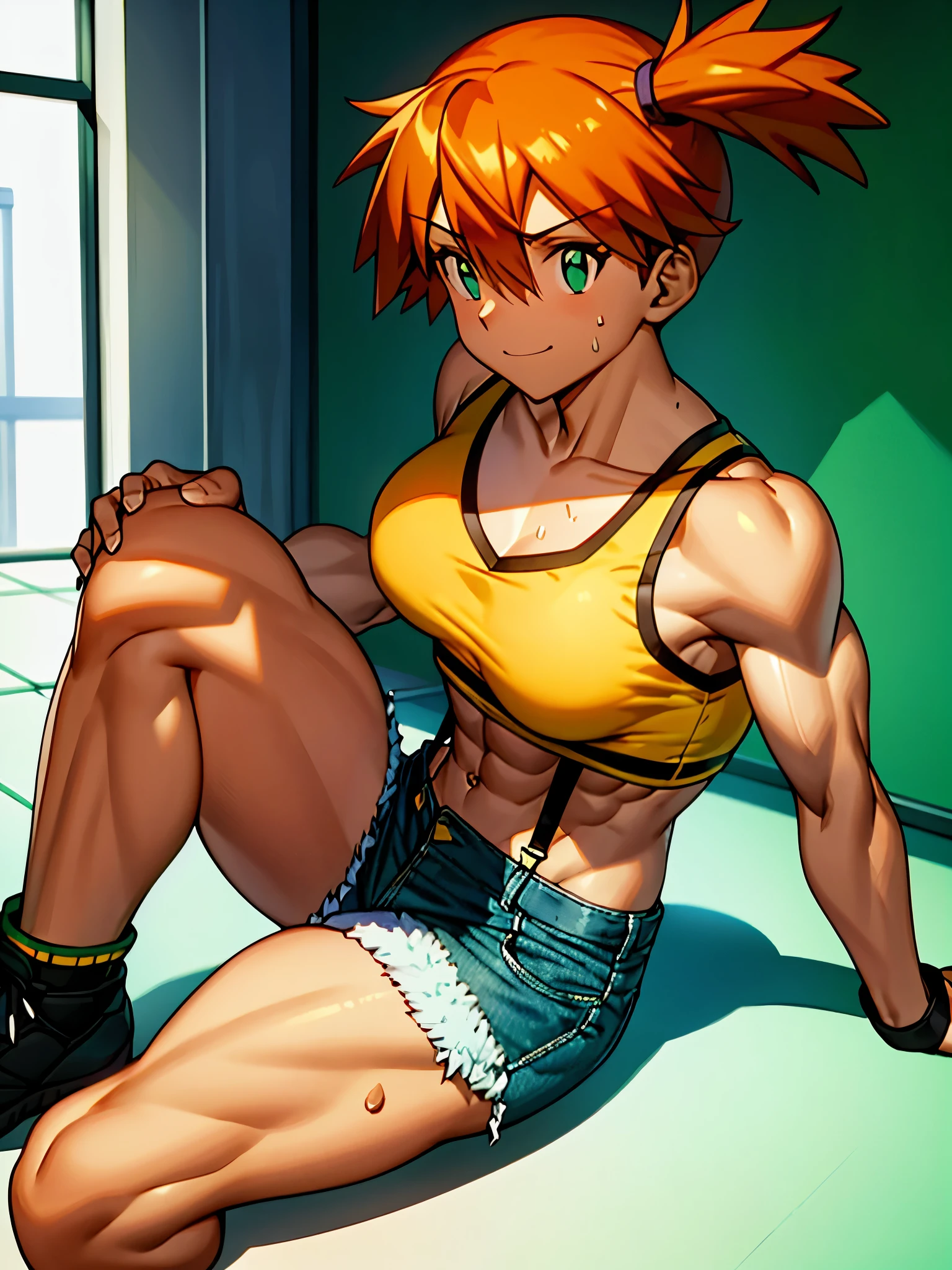 best quality,ultra-detailed,misty, 1girl, breasts, looking_at_viewer, short_hair, closed_mouth, bangs, navel, hair_between_eyes, bare_shoulders, sitting, green_eyes, full_body, sleeveless, midriff, orange_hair, side_ponytail, crop_top, looking_to_the_side, eyelashes, bare_legs, sleeveless_shirt, leaning_forward, arm_support, suspenders, tank_top, denim_shorts, yellow_shirt, hair_tie, green_shorts, suspender_shorts, yellow_tank_top,strong,confident,muscular female bodybuilder,fit and toned physique,strong defined muscles,sweating and exerting power, smile(flexing biceps and triceps),lean and ripped abs,bulging veins,strong and powerful legs,fierce determination and focus,intense workout,heavy weightlifting,athletic apparel and gear,fitness studio,professional lighting,sharp contrast and shadows,vibrant colors,high energy and intensity,inspiring and empowering,sculpted body,inspiring others,dedication and discipline,healthy lifestyle,the epitome of strength and empowerment.