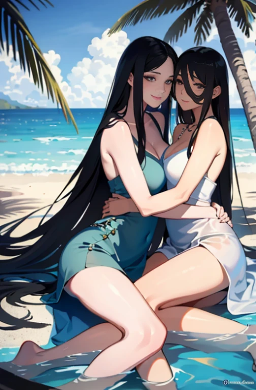 nico robin with nami from one piece wearing the bottom piece of a bikini and topless with their hands covering their chest, kissing, big breasts, cleavage, undressing, bikini, tanned