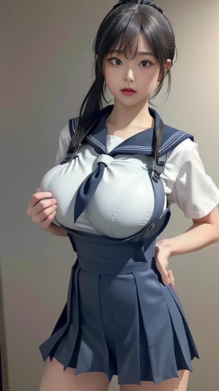 play sports often, short ponytail、(sailor suit:1.5)、No panties,(pleated skirt:1.3) (Cyberpunk settings: 1.2), compensate,, (1 girl: 1.4), highest quality, masterpiece, (reality: 1.2), young woman, lady, detailed face, fine eyes, fine hair, fine skin, looking at the viewer, dramatic, vibrant, sharp focus, 50mm, f1.2, EOS R8, (3/4 body: 1.2), (Overall image:1.8), (complex background: 1.6), (highest qualityの詳細: 1.2), 8K HD,(huge breasts:1.8)、(complicated position:1.3)、(Cracking abs:1.3)、