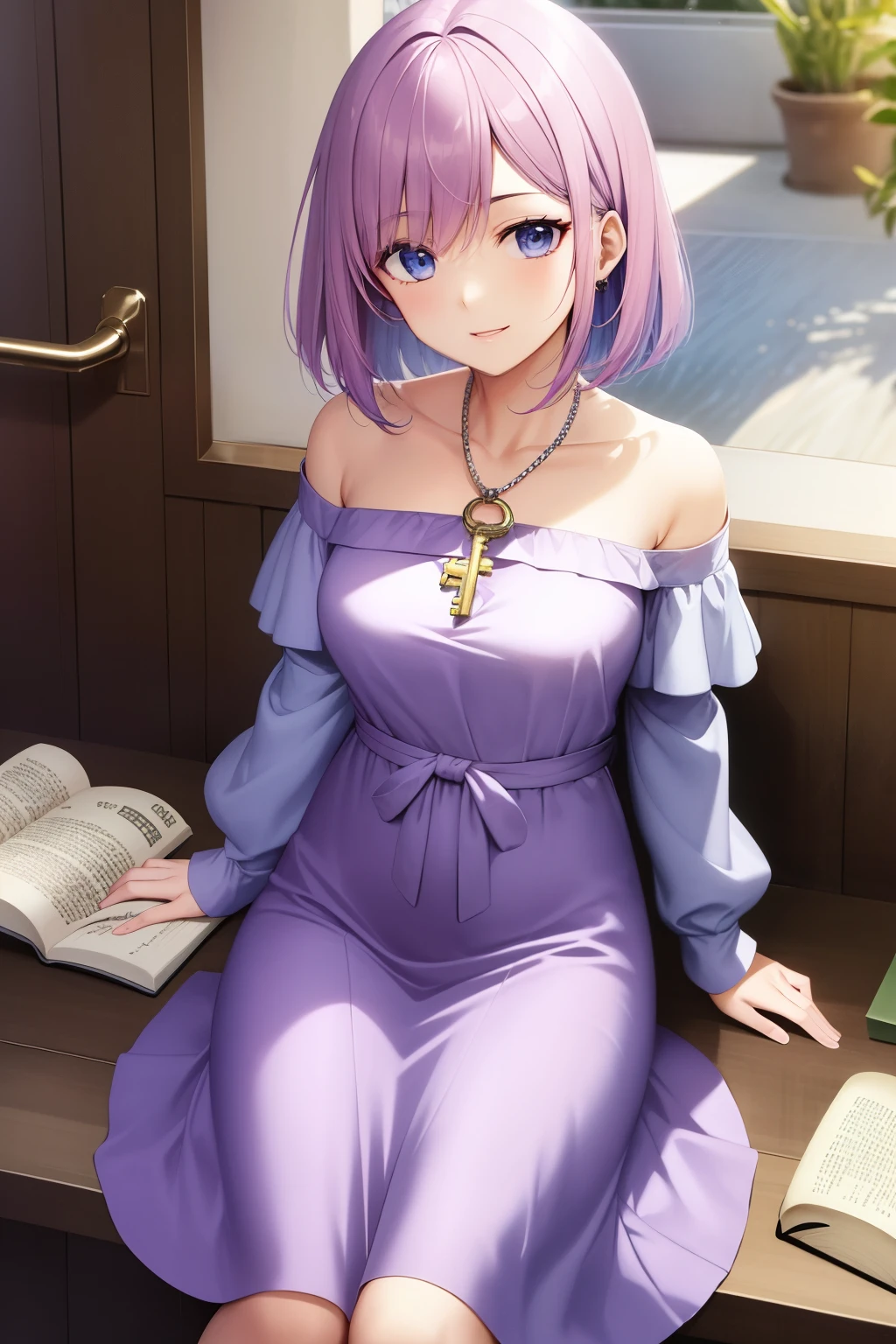 Personagem para livro , uma feliz de sete anos com cabelo ondulado, (cabelo azul), in pink and lilac dress and a cord around the neck with key, She's sitting on the floor with a book in her lap