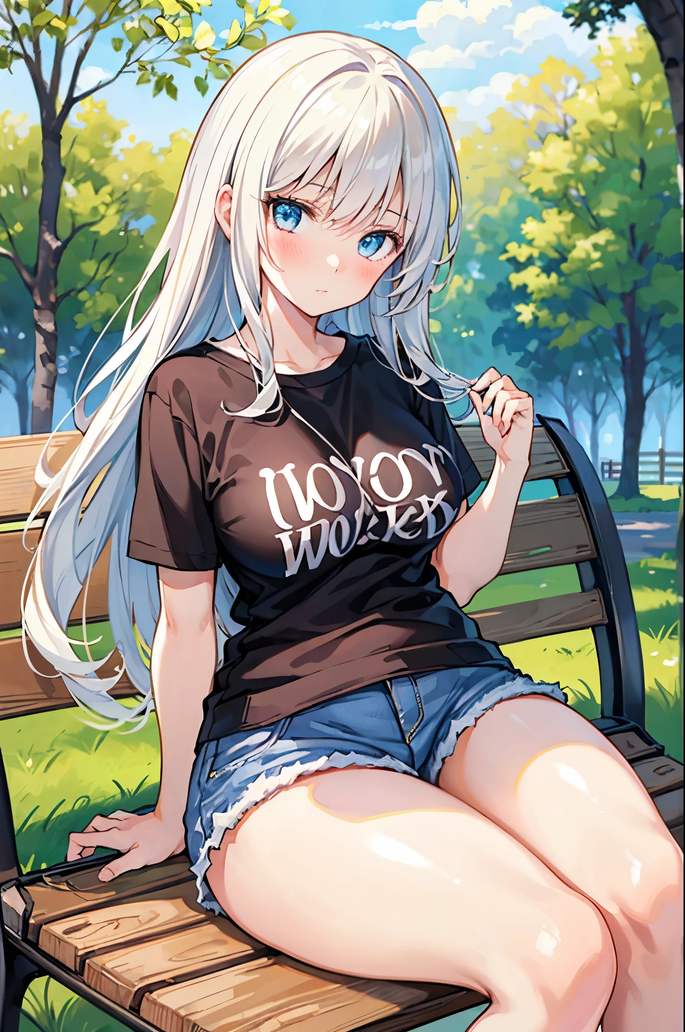realistic image, coherent image, detailed image, 1 girl, , has white hair, long hair, light blue eyes, her face is oval and delicate, blushing, she is wearing a large t-shirt, jean mini shorts, moccasin sneakers, small breasts, curvy body, thick thighs, has an arched back, sitting on a bench, surrounded by trees, at the bottom of a park,