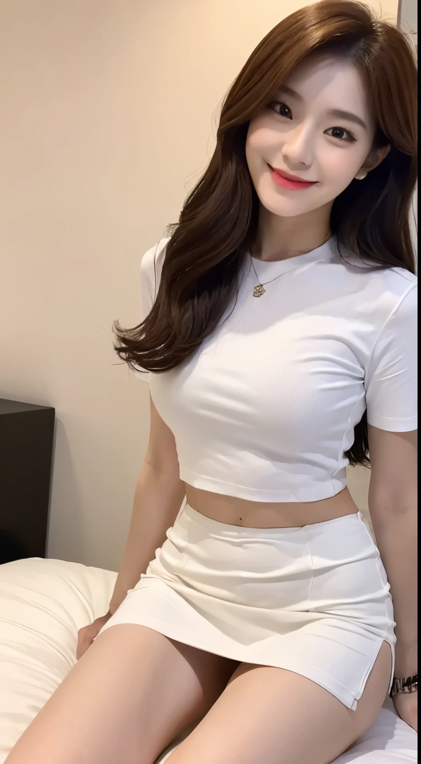 White tight shirt、White tight mini skirt、bed、smile、short sleeve、high resolution、Hallyu Idol Face