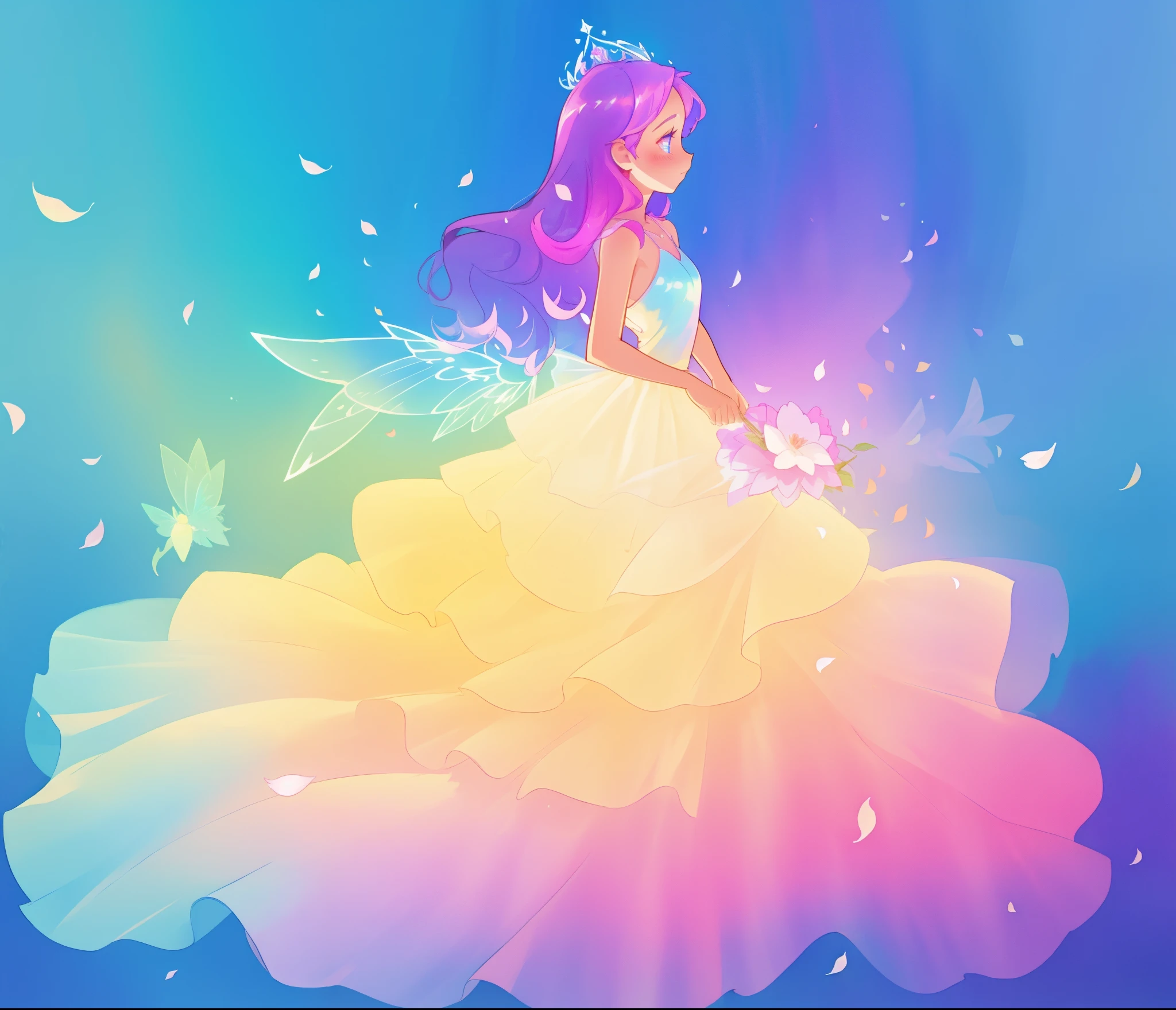 beautiful girl in tiered gradient ballgown dress, gradient colorful dress, ((layered flower petal skirt)), fairy dress, fairy queen, magical fantasia background, (glowing fairy wings), glowing flowing ballgown, long wavy hair, sparkling fairy wings, watercolor illustration, inspired by Glen Keane, inspired by Lois van Baarle, disney art style, jen bartel, beautiful digital illustration, beautiful, masterpiece, best quality, anime disney style