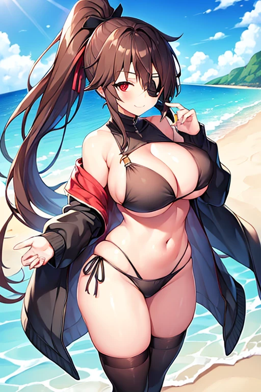 1girl, large breasts, wide hips, bikini, black bikini, highleg bikini, eyepatch, one eye covered, ((eyepatch)), red eyes, brown hair, long hair, beach, smile, ponytail, bare legs