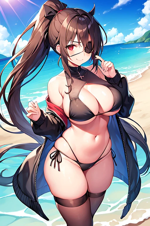 1girl, large breasts, wide hips, bikini, black bikini, highleg bikini, eyepatch, one eye covered, ((eyepatch)), red eyes, brown hair, long hair, beach, smile, ponytail, bare legs