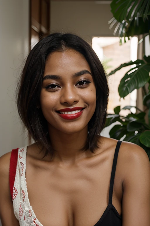 Brazilian, 25 years old, short straight hair, dark skin, smiling with red lipstick
