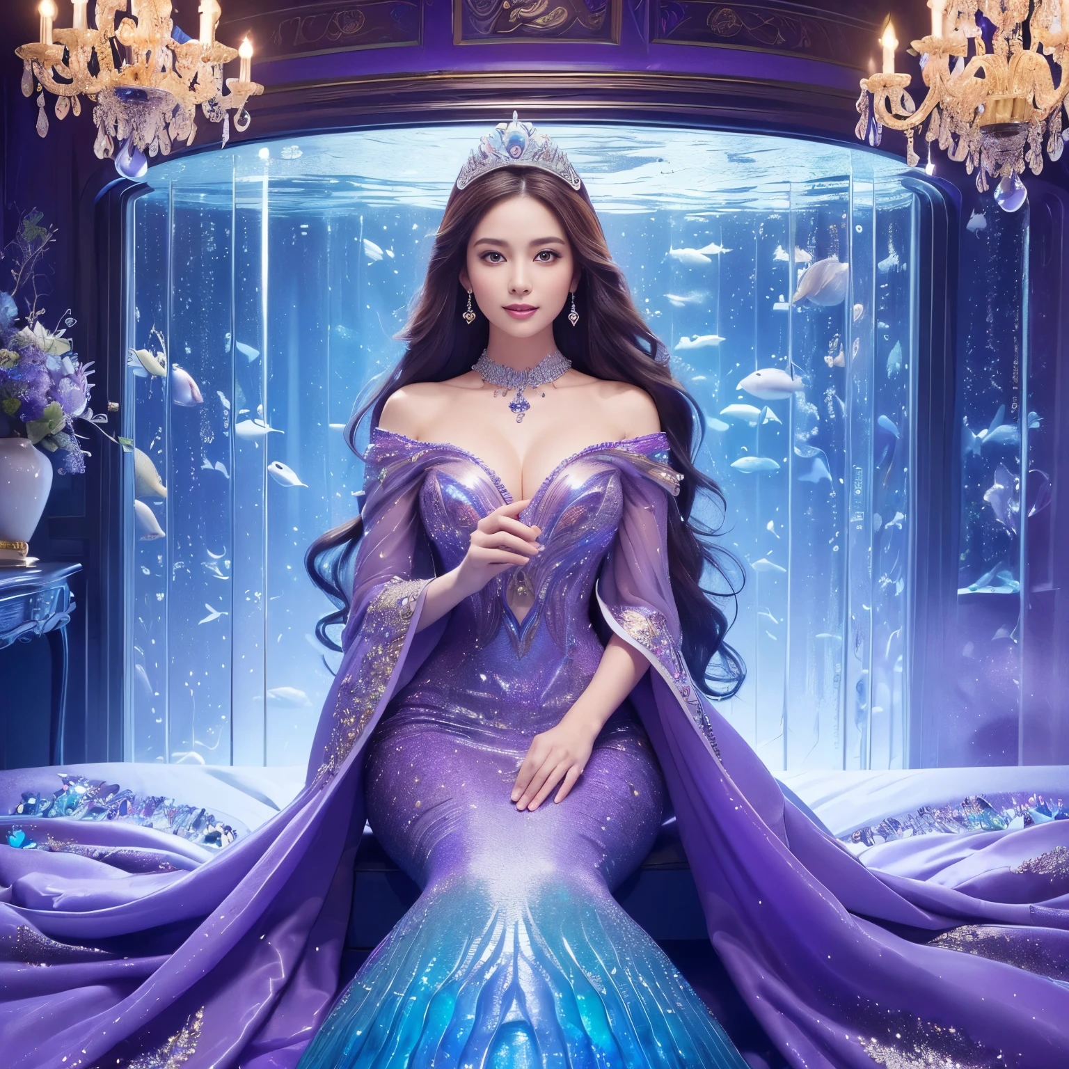 (highest quality、table top、8K、best image quality、hyper realism)、(The most extravagant and extravagant mermaid goddess:1.2)、(The most extravagant and gorgeous mermaid princess:1.2)、(The most realistic and perfect mermaid tail and scales:1.2)、(The most realistic and perfect mermaid tail:1.3)、(The most luxurious and finest transparent sleeve:1.1)、(Sitting on the most luxurious and finest huge bed:1.25)、(upper body photo:1.1)、(The wall of the room is a huge high quality aquarium:1.2)、(A huge, highly detailed aquarium of the highest quality:1.3)、(Surrounded by a huge aquarium of the highest quality:1.2)、(Detailed depiction of the most beautiful gigantic aquarium that shines fantastically:1.2)、(Surrounded by the most luxurious and fantastical huge purple and blue aquarium:1.2)、(Huge aquarium with the most detailed depiction of marine life:1.2)、(Sparkling purple and blue、The most fantastic dome-shaped luxury princess room:1.2), (A sparkling room made of the most magical purple and blue sparkling crystals:1.3)、(There are many beautiful corals and shells in the room.)、(the best smile when you look at me:1.2)、Wavy brown hair、Complex, Finely shining scales、(Finest Huge Jewelry Decoration:1.1)、The most gorgeous luxury princess costume、the most luxurious decoration、全身にComplex宝石が施されている、Please describe her face in detail、Giant tiara、Clear and detailed background、(Everything is a fantastic and glittering background:1.1)、(accurate anatomy:1.1)、(The most luxurious and huge finest jewelry decoration:1.1)