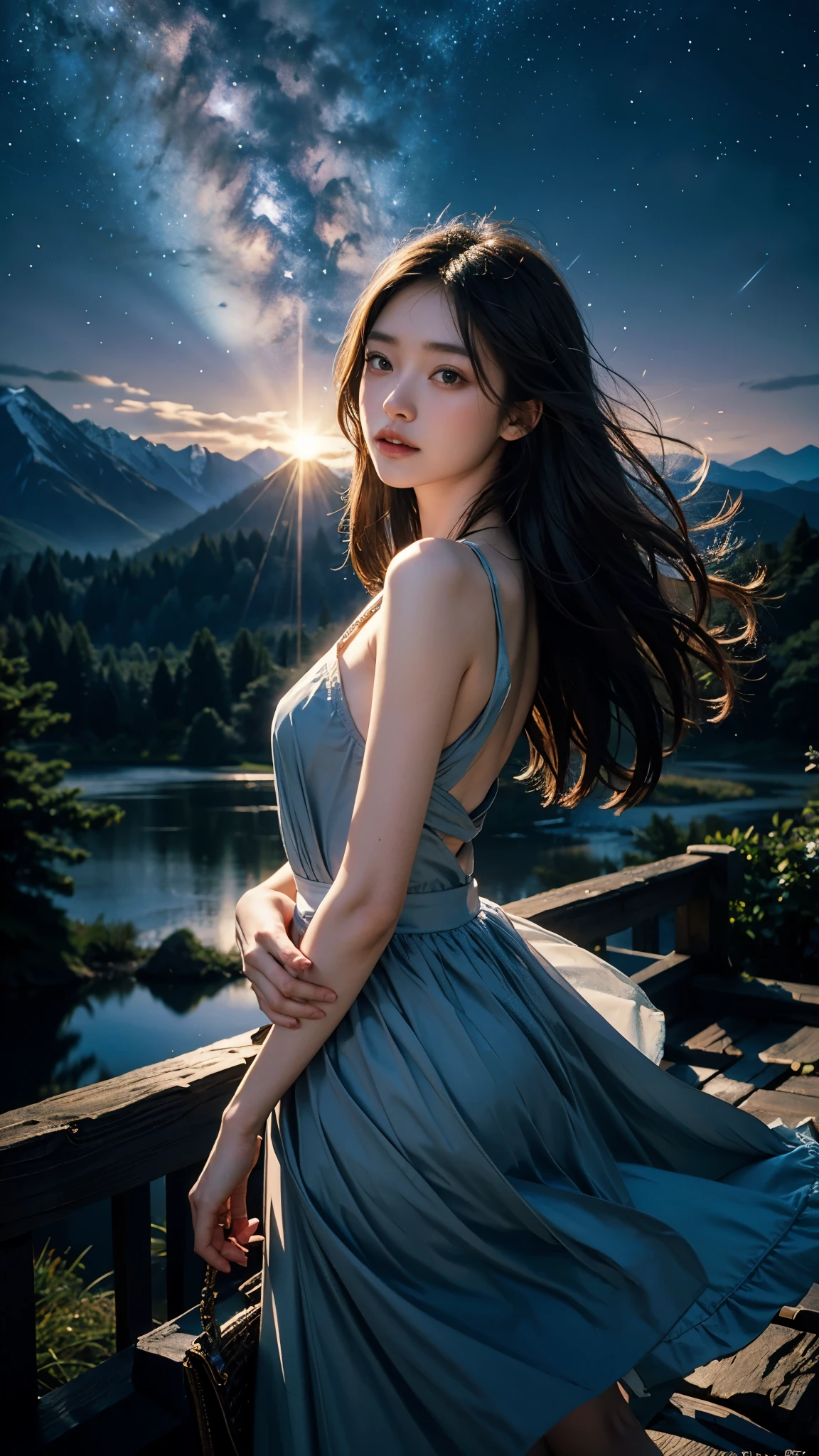 Japanese,22 years old,Girl 1 Nin,Starry sky with mountains and lakes, Jessica Rosier, Inspired by Jessica Rosier, Jessica Rosier Fantasy Art, Concept Art Magic Highlights, official artwork, Dream painting, Ethereal Realm, Atmospheric Artwork, Dreamy Matte Painting, Gentle Infinite Stars inspired by Ted Nasmyth, Starry sky environment illuminated by moonlight, epic music album cover.