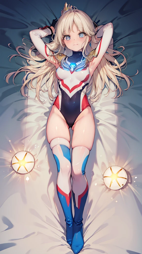 highest quality,sleep on your back in bed，Crab crotch，show me your boots，Leotard sneak peek，glove，elegant, 1 girl, ultraman bodysuit ，cute, blushed, looking at the viewer, from below, prison，blue eyes, beautiful eyes, beautiful background, particles of light, Light of the sun, dramatic lighting, outside, shiny, realistic, table top, highest quality, Super detailed, get used to it, scenery, beautiful and detailed eyes, thin hair，full body shot，