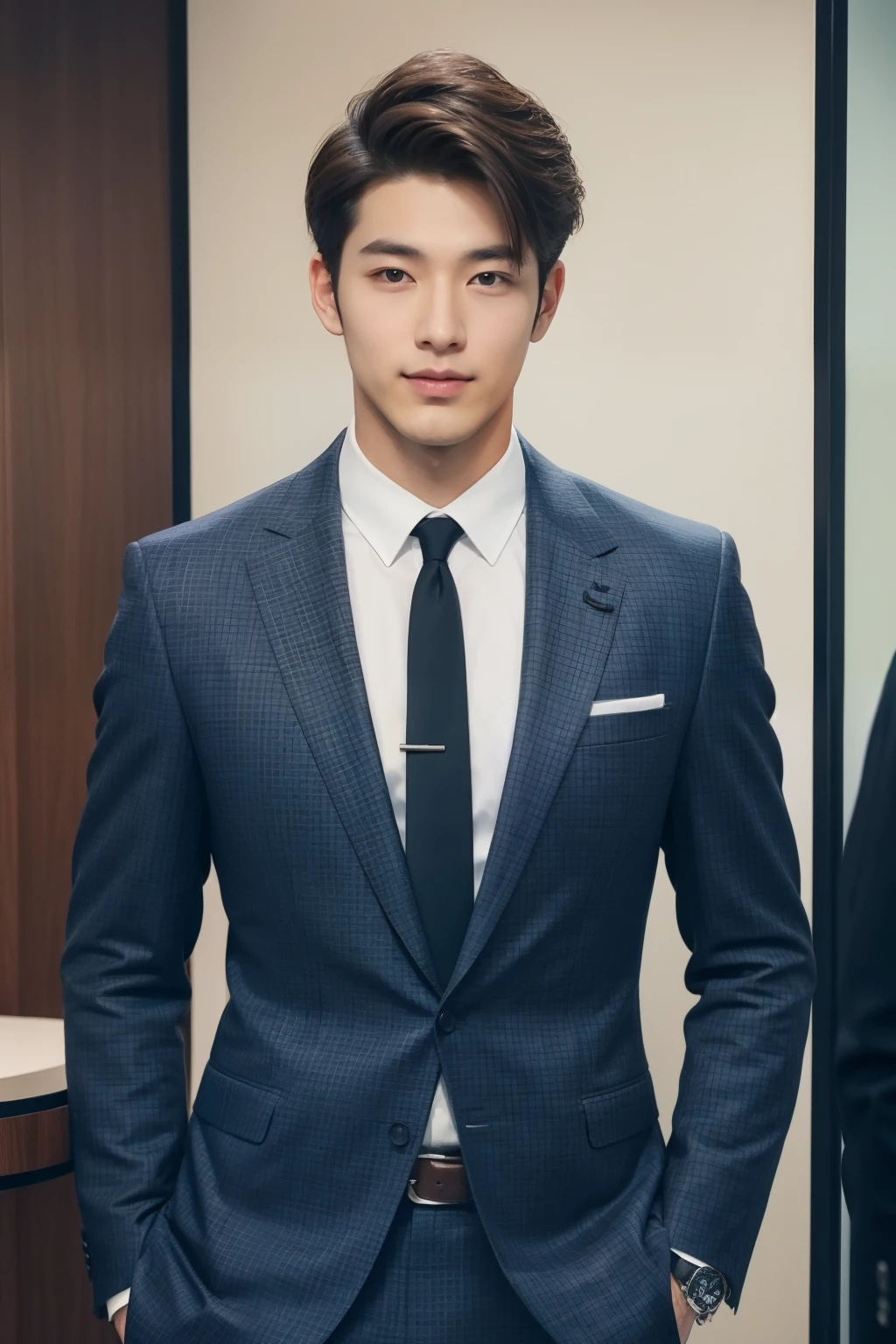 Brown suit、　20-year-old refreshingly handsome new employee、　（Super cool S-class guy in a suit）、　Japan boys at 20 years old、　businessman、　Ultra-luxury suits、　s Office、　Stand in a suitＳYoung handsome man、　Full body photo、　（Highly detailed photos of CG Unity 8K）、　（A highly detailedＳHandsome man in class）、　（Photo Real）、　　（（top-quality））、　ultra-detailliert、　（​masterpiece）、　An ultra-high picture quality、　tall、　viewer、　Gentle man、　Very beautiful hair、　Shorthair、　Bright photo、　Handsome like a model、　Handsome like an idol、　Luxury Watches、　Cool belt、　japanes