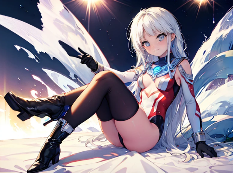 highest quality,sleep on your back in bed，Crab crotch，show me your boots，Leotard sneak peek，glove，elegant, 1 girl, ultraman bodysuit ，cute, blushed, looking at the viewer, from below, prison，blue eyes, beautiful eyes, beautiful background, particles of light, Light of the sun, dramatic lighting, outside, shiny, realistic, table top, highest quality, Super detailed, get used to it, scenery, beautiful and detailed eyes, thin hair，full body shot，