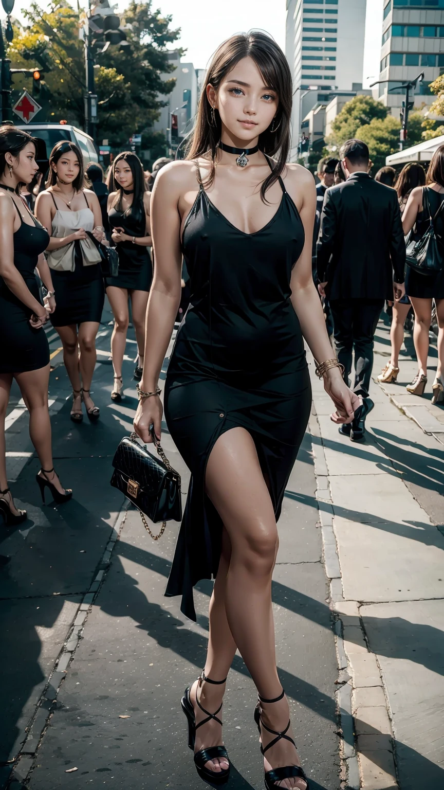 highest quality、masterpiece、ultra high resolution、A 23-year-old white woman with unparalleled beauty.、blue eyes、brunette、straight hair、Slender yet well-proportioned body、sunlight is shining from above、photorealistic images、8K quality、I don't want my head to disappear from the screen.、wearing a black slip dress、wearing a choker、I have a clutch bag、I'm wearing heels、Walking on the red carpet in front of the hotel at night、Surrounded by photographers taking pictures with flash、smile、be a celebrity