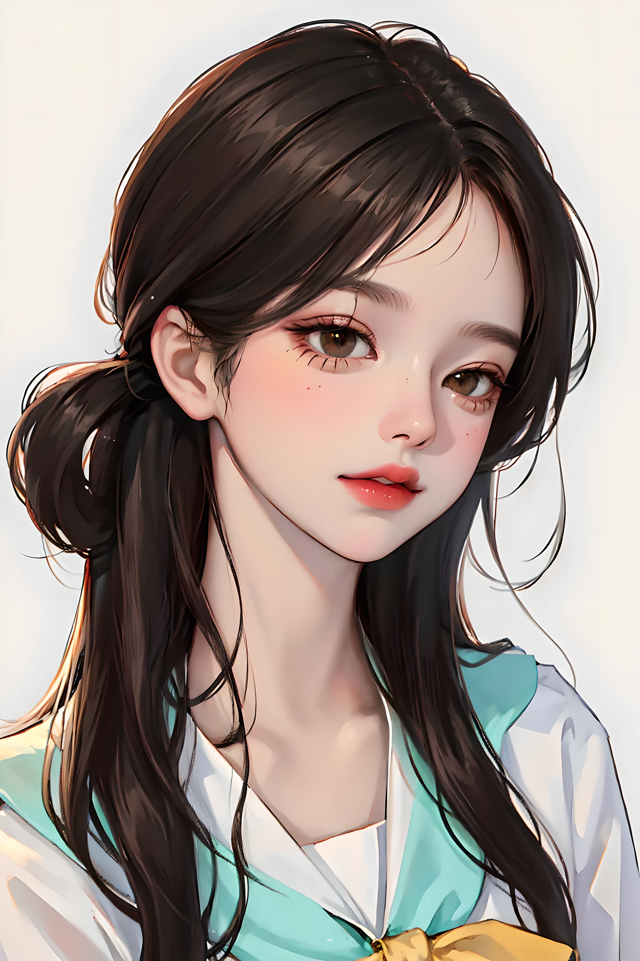 (highest resolution, distinct_image) The best quality, a woman, masterpiece, highly detailed, (semi-realistic), long black hair, long straight hair, black hair bangs, mature, cherry glossy lips, white background, close-up portrait, solid circle eyes, ************, beautiful face, fit body, brown eyes, wear Korean school uniform, high school student, wearing jewelry