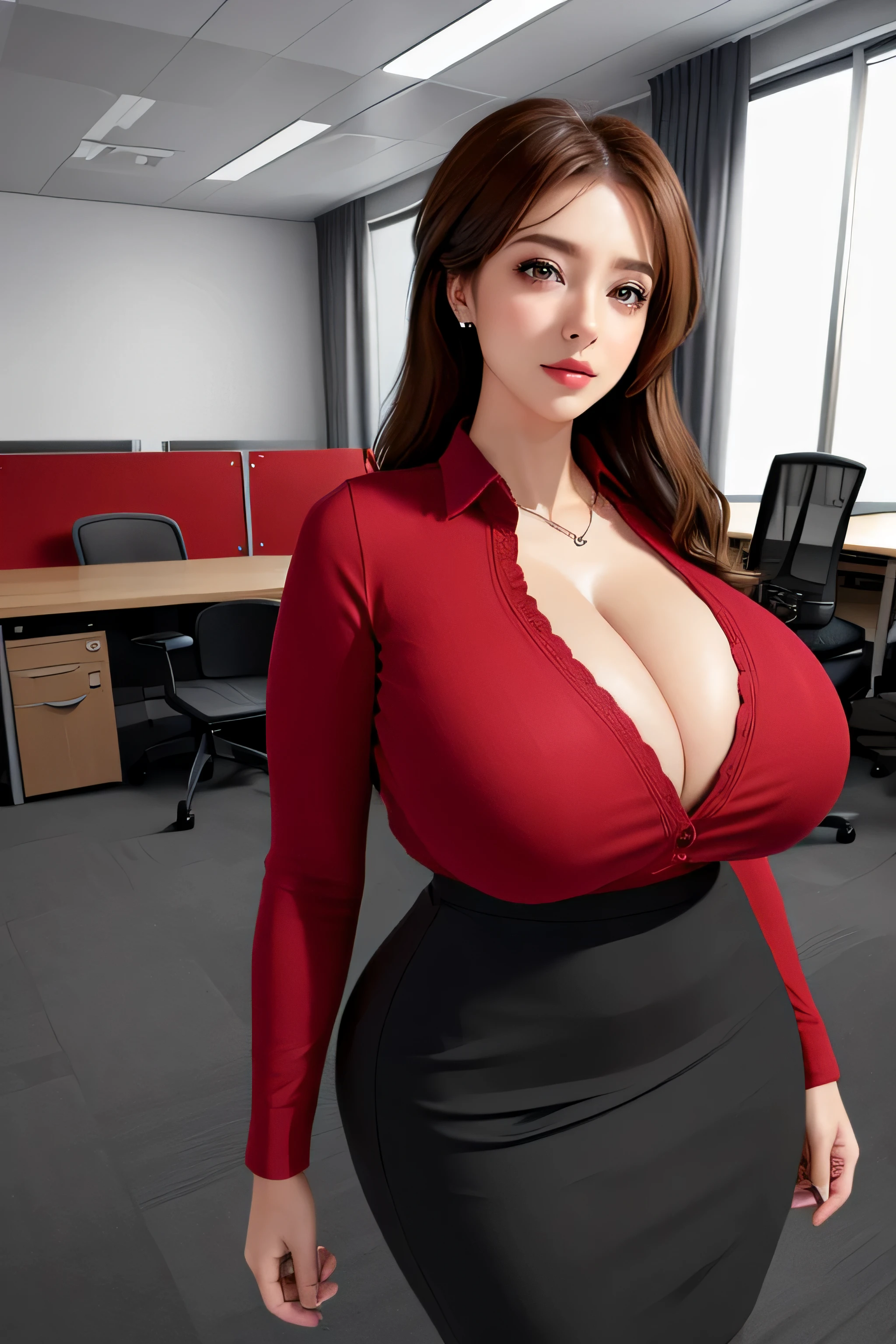 ((( pencil skirt, office lady, red shirt, huge breasts, cleavage,)))((Mature 35-year-old woman))((huge breasts)),((ojos azules))((solamente))),cuerpo perfecto,manos perfectas,cara perfecta,rostro perfecto, iperrealista,
