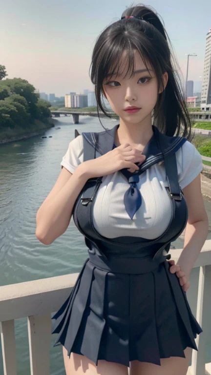 play sports often, ponytail、(sailor suit:1.2)、No panties,(pleated skirt:1.3) (Cyberpunk settings: 1.2), compensate,, (1 girl: 1.4), highest quality, masterpiece, (reality: 1.2), young woman, lady, detailed face, fine eyes, fine hair, fine skin, looking at the viewer, dramatic, vibrant, sharp focus, 50mm, f1.2, EOS R8, (3/4 body: 1.2), (Overall image:1.8), (With the river in the background: 1.6), (highest qualityの詳細: 1.2), 8K HD,(huge breasts:1.8)、(complicated position:1.3)、(Cracking abs:1.3)、