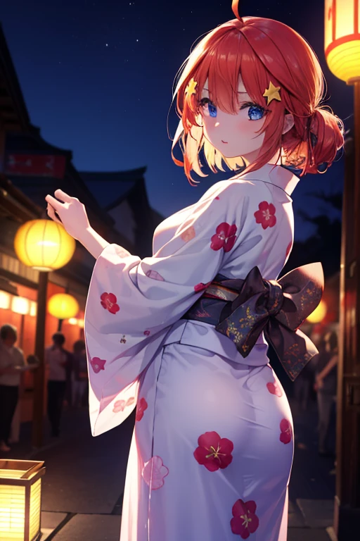 Satsuki Nakano, Itsuki Nakano, bangs, blue eyes, hair between eyes, Ahoge, redhead, star \(symbol\), hair ornaments, star hair ornaments,tying back hair,Red floral pattern yukata,long skirt,Zori sandals,left hand　all(toffee apple),A girl in a yukata enjoying a festival，japanese festival，Summer Festival Stalls、break the red lantern (masterpiece:1.2), highest quality, High resolution, unity 8k wallpaper, (figure:0.8), (beautiful and fine eyes:1.6), highly detailed face, perfect lighting, Very detailed CG, (perfect hands, perfect anatomy),