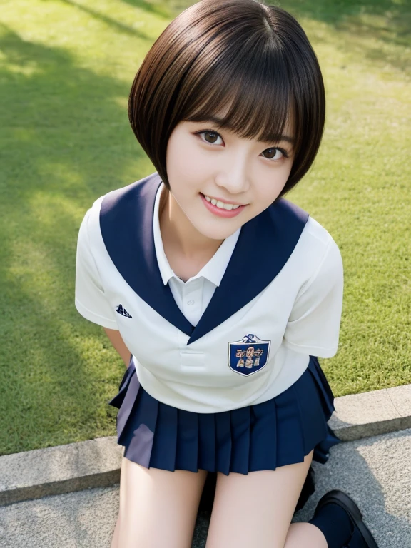 top-quality,masterpiece,Raw photography,8K,Top image quality,hight resolution, 18 years old Japanese female idol ,Beautuful Women,cute Japanese girls, Pretty Woman ,Beautiful face in every detail, ,small head, seductive smile ,Realistic human skin, pale skin ,cut model , Short hair ,bowl cut ,skinny body , school uniform ,sit, leaning forward ,put left hand on, contrapposto school uniform, arched back, look at viewer, face focus , face closeup ,from above