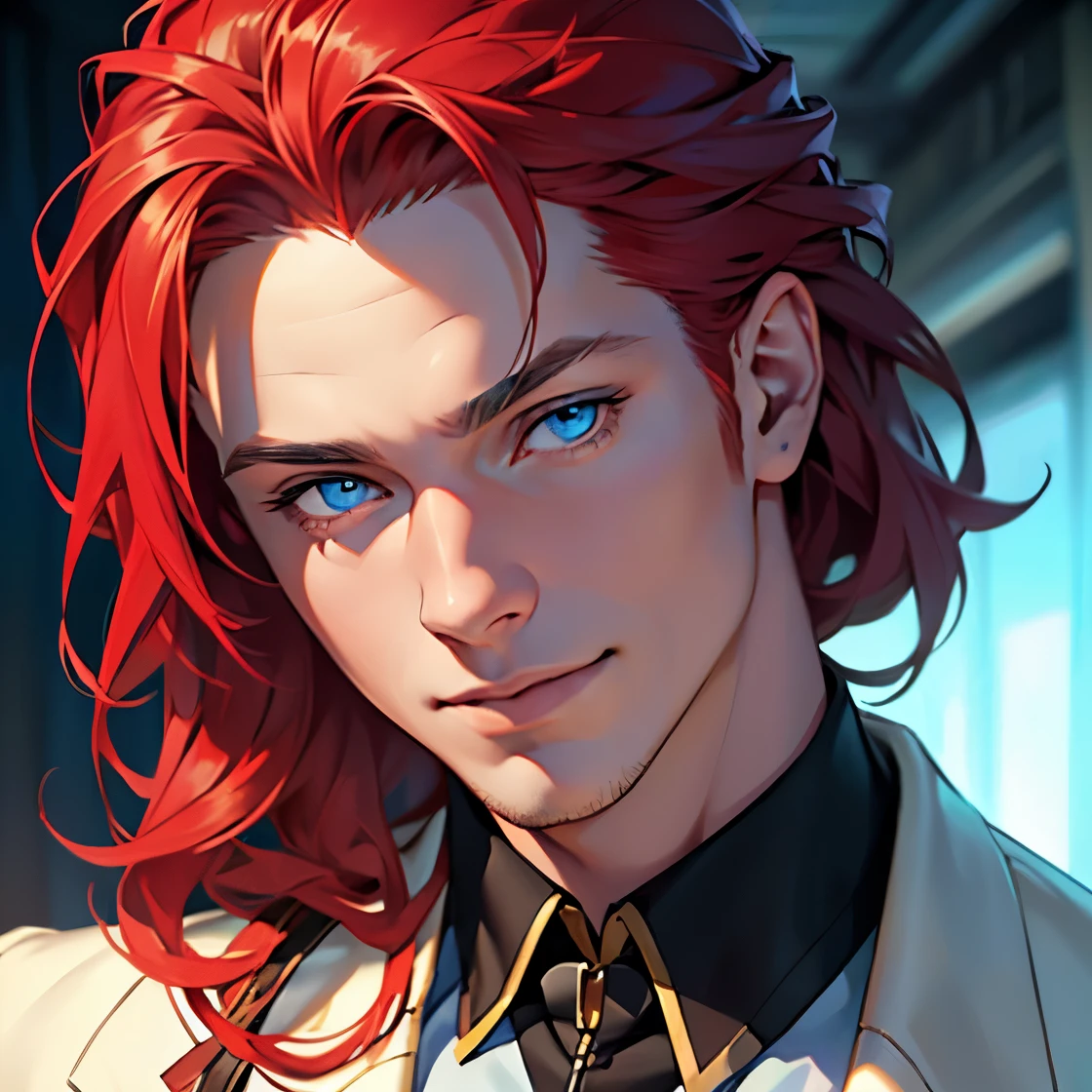 (a boy with blue eyes,ultra-detailed,realistic:1.37,masterpiece:1.2),young,masculine Caucasian,long red hair, elegant suit, gentle smile, high-res portrait, vibrant colors