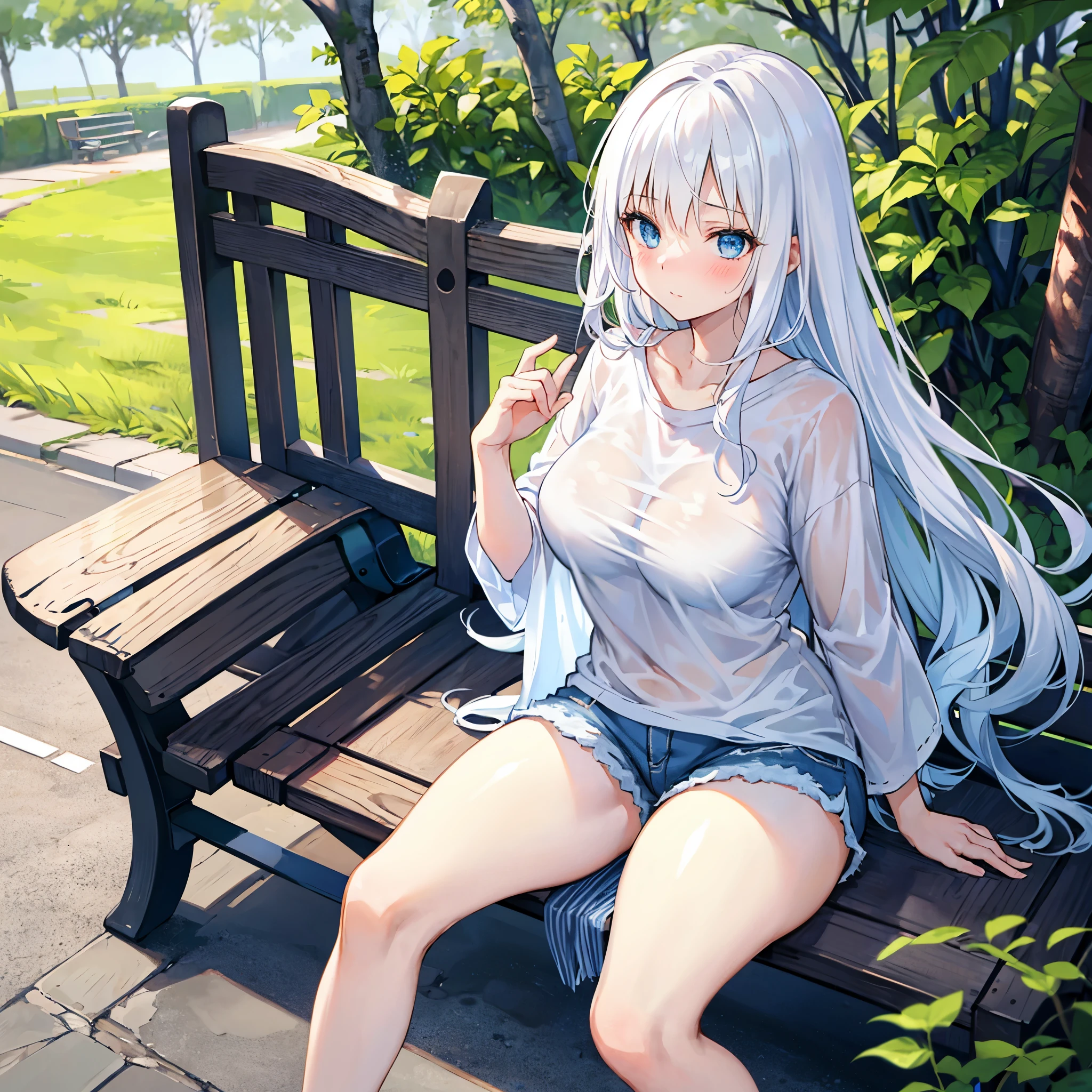 realistic image, coherent image, detailed image, 1 girl, , has white hair, long hair, light blue eyes, her face is oval and delicate, blushing, she is wearing a large t-shirt, jean mini shorts, moccasin sneakers, small breasts, curvy body, thick thighs, has an arched back, sitting on a bench, surrounded by trees, at the bottom of a park,