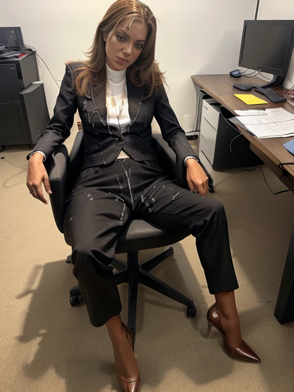 woman, sitting in an office chair, business pants, stiletto heel ankle boots, cum on cloth
