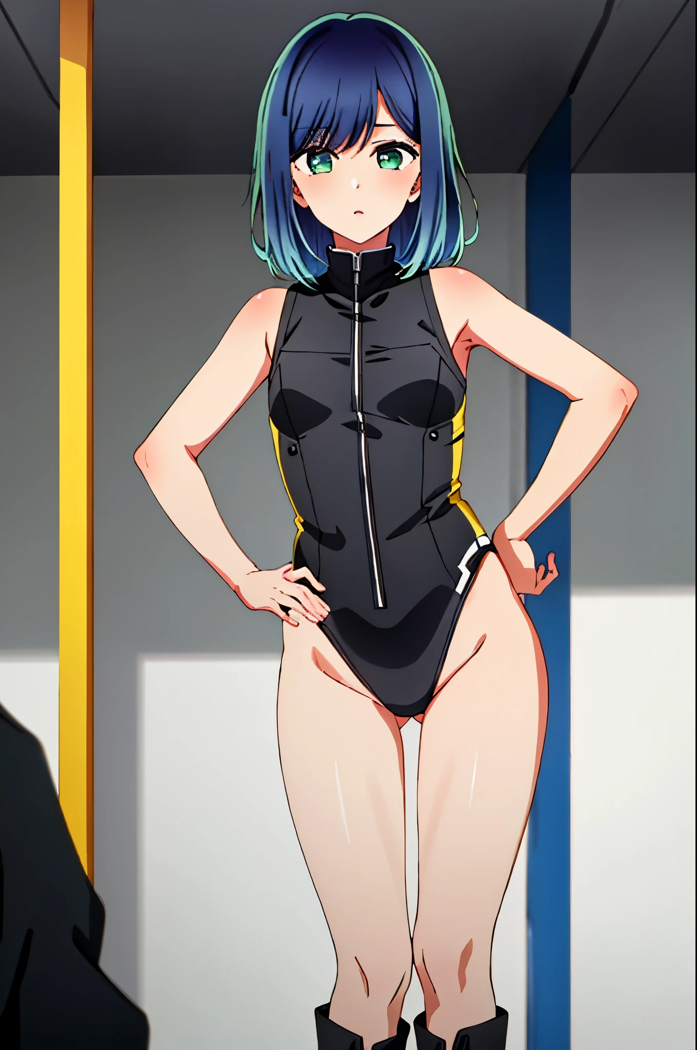 masterpiece, high quality, 8k, beautiful lighting, 1girl, solo, green eyes, medium_hair, (masterpiece), (best quality), 1girl, leotard, bare legs, boots, solo, solo focus, sleeveless, hands on hip, standing, full body shot, cowboy shot, beautiful face, detailed eyes, symmetric eyes