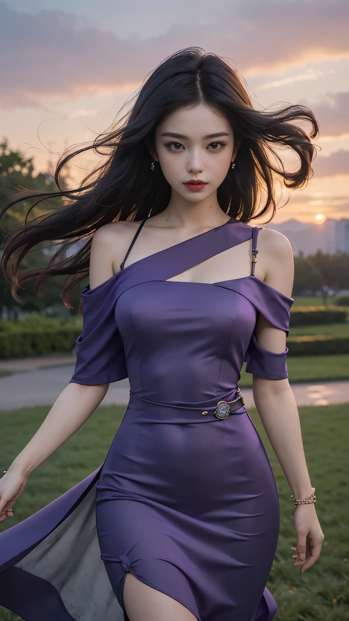 8k, masterpiece, 1 girl, beautiful face, very long hair, light makeup, detailed eyes, detailed lips, ((medium Curved figure)), (simple dress:1.4), ((purple dress)), (wearing jewellery), (strap:1.4), (bare shoulder:1.4), in the park, sunset, evening, blowing wind, hair spreading,