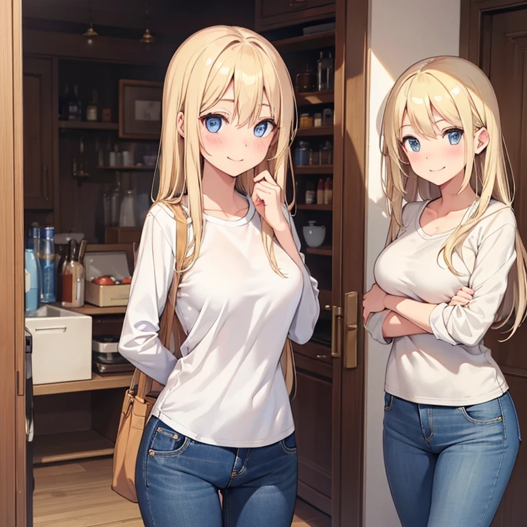 (((Best quality))) Cute 5'3 blonde girl, light blue eyes, with a faint blush and smile, medieum sized breasts, wearing wooven clothes and long jeans