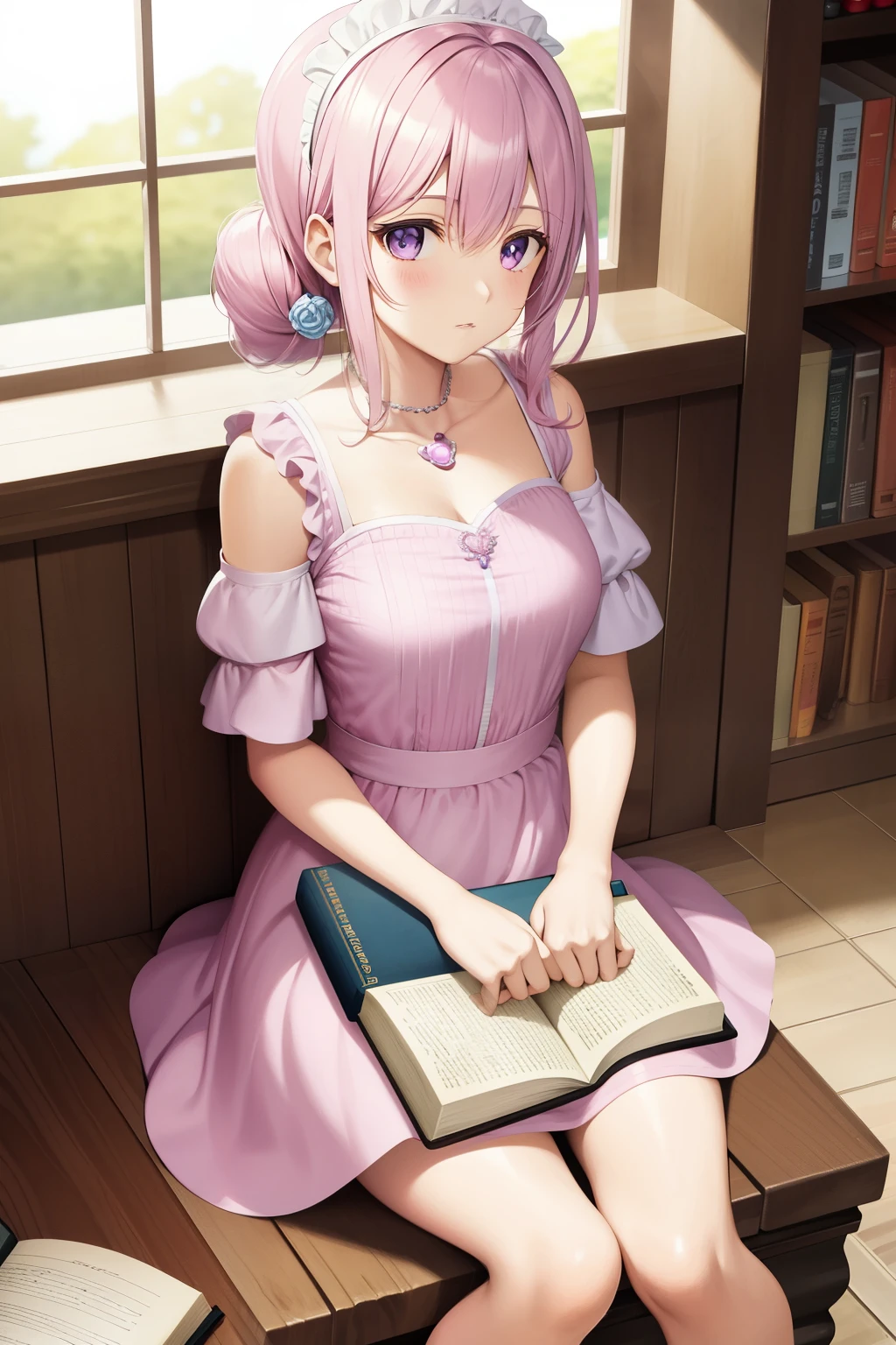 Personagem para livro , uma Princesa porco furrie, com cabelo ondulado, (cabelo branco, in pink and lilac dress and a cord around the neck with key, She's sitting on the floor with a book in her lap