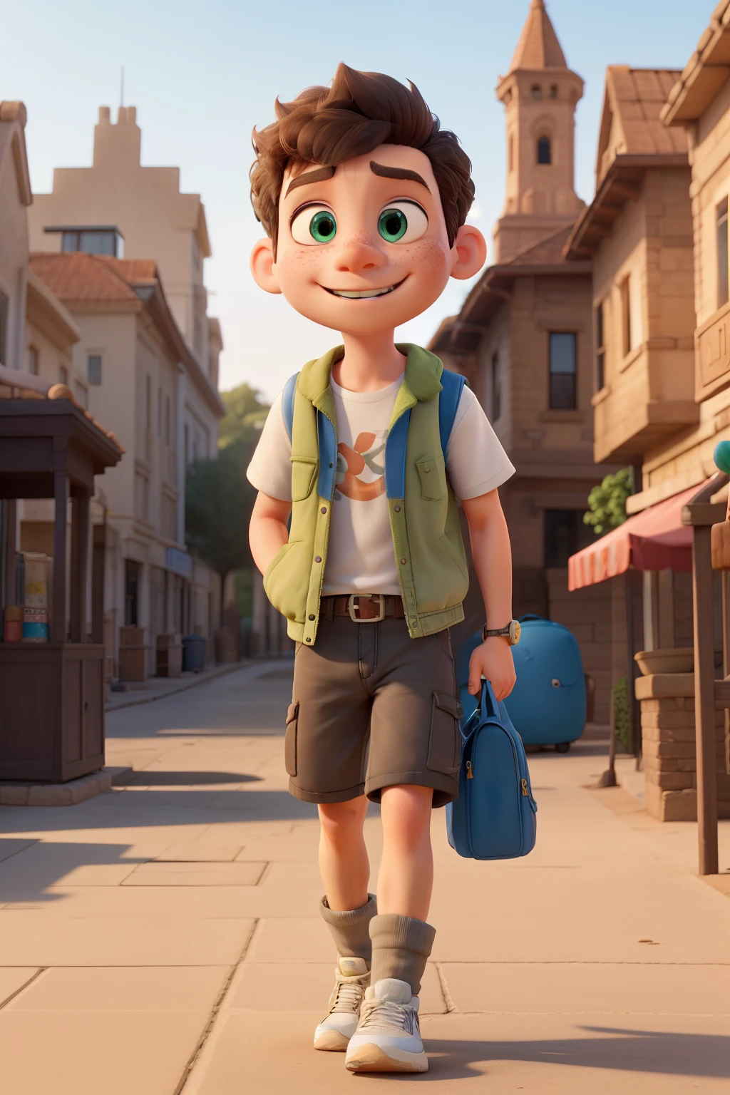 Style: Disney Pixar, 3D, anime, 4K. Characters: - Trolli: 7 year old boy, short straight black hair, green eyes, serious expression, leather jacket, jeans, black boots. - Timba: 7-year-old boy, wavy blonde hair, blue eyes, friendly smile, freckles, white shirt and olive green vest, sunglasses, beige shorts, white sneakers, blue backpack. Setting: tour in Egypt, many people Action: walking.