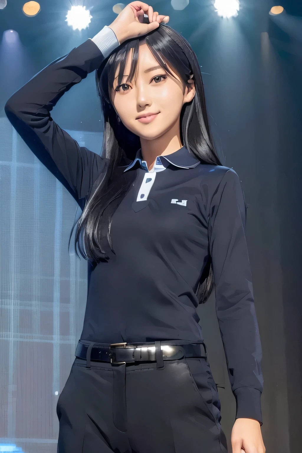 (((pixel perfect, Perfection with attention to detail))), alone, 1 girl, Chihaya Kisaragi, (black hair), stage, Idol, (Blue long sleeve polo shirt, Dark blue slacks), looking at the viewer, :d, smile, break (flat chest:1.4)