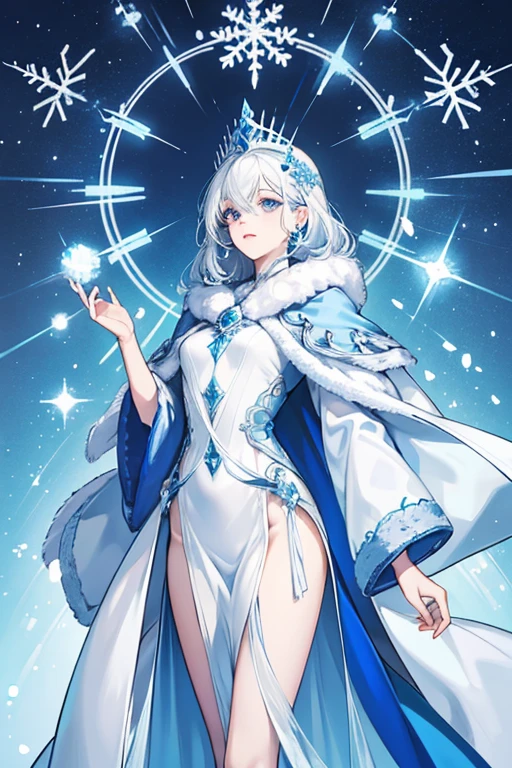 Frost Queen Cookie is a slim, tall Cookie. Her SKIN is a pallid blue and she has white hair styled in a side twist parted down the middle. She wears an ice-blue robe with snowflake-like figures, a short, pale blue ruana cloak hemmed with ice-like fur that has a tall collar with hanging icicles. She also carries a staff that intertwines with itself several times and is topped with a emblem similar to a snowflake. GLITTER