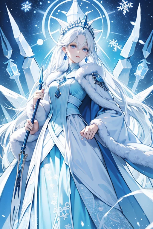 Frost Queen Cookie is a slim, tall Cookie. Her SKIN is a pallid blue and she has white hair styled in a side twist parted down the middle. She wears an ice-blue robe with snowflake-like figures, a short, pale blue ruana cloak hemmed with ice-like fur that has a tall collar with hanging icicles. She also carries a staff that intertwines with itself several times and is topped with a emblem similar to a snowflake. GLITTER