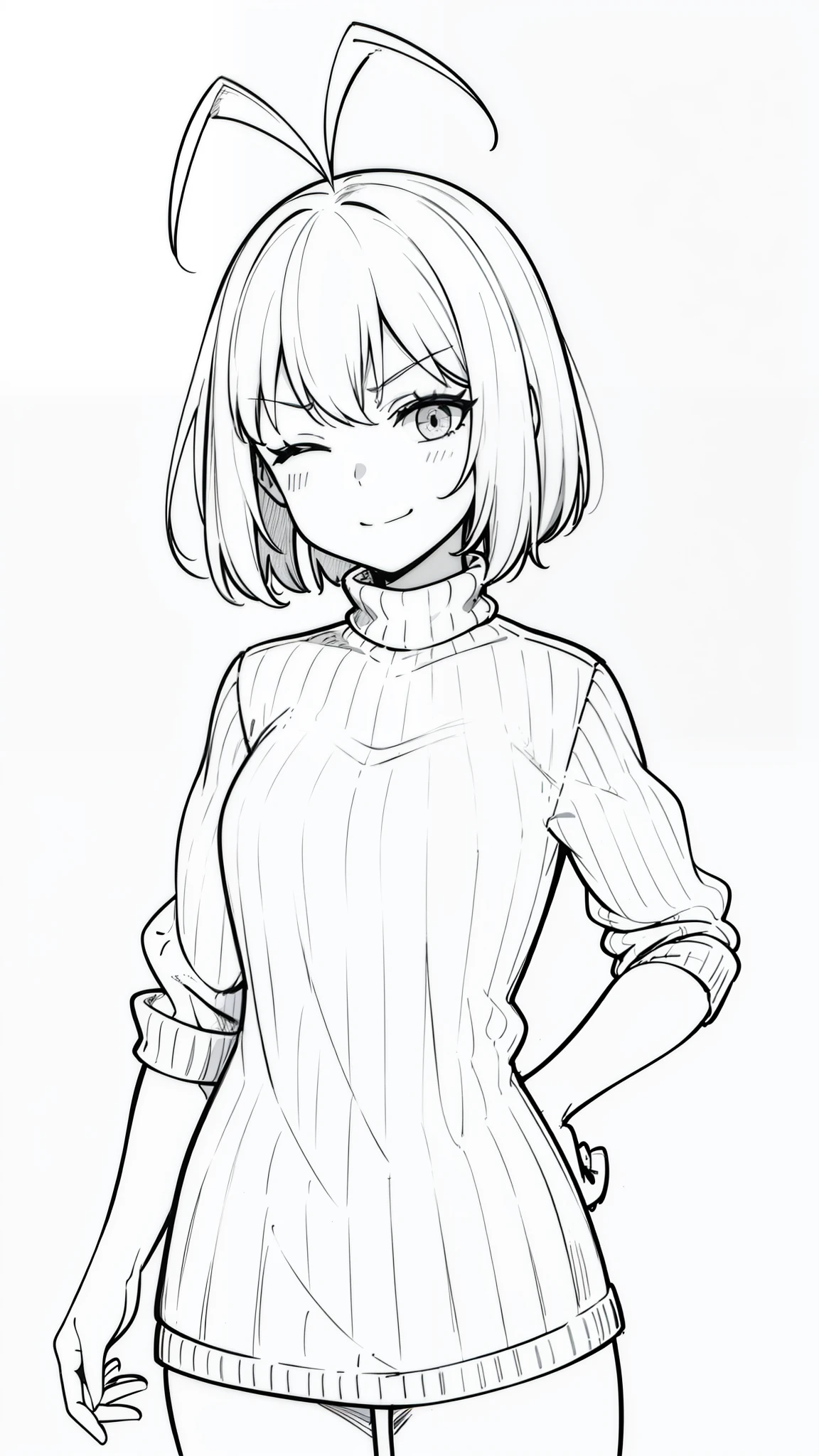 1girl,smile,angry,white hair,short hair,(((hair 2antennas))),white sweater,turtleneck,one eye closed,(white background, line drawing),cowboy shot