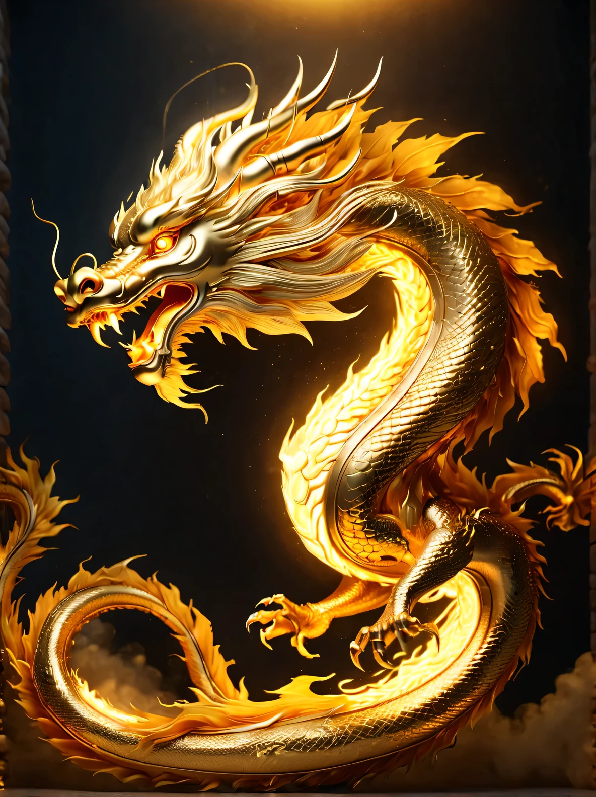 Chinese dragon drawing, free wallpapers, Light gold and dark amber styles, Unreal Engine 5, Sophie Peach, flashing light effect, prehistoric art, Realistic and stylized, Balance and harmony
