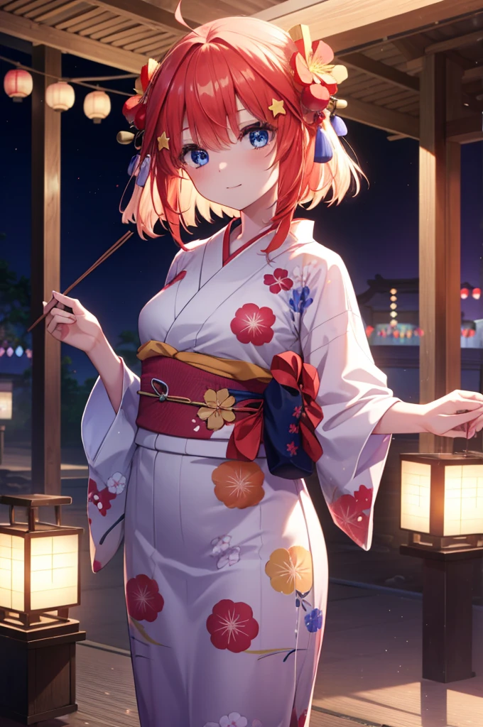 Satsuki Nakano, Itsuki Nakano, bangs, blue eyes, hair between eyes, Ahoge, redhead, star \(symbol\), hair ornaments, star hair ornaments,tying back hair,Red floral pattern yukata,long skirt,smile,Zori sandals,left hand all(Yakitori skewers),A girl in a yukata enjoying a festival,japanese festival,Summer Festival Stalls、break the red lantern (masterpiece:1.2), highest quality, High resolution, unity 8k wallpaper, (figure:0.8), (beautiful and fine eyes:1.6), highly detailed face, perfect lighting, Very detailed CG, (perfect hands, perfect anatomy),