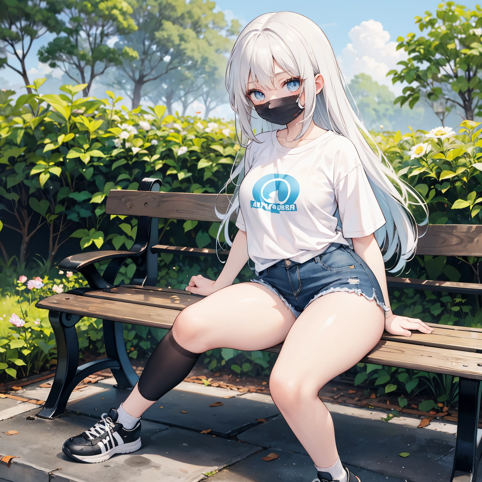 realistic image, coherent image, detailed image, 1 girl, , has white hair, long hair, light blue eyes, her face is oval and delicate, blushing, she is wearing a large t-shirt, jean mini shorts, moccasin sneakers, small breasts, curvy body, thick thighs, has an arched back, sitting on a bench, surrounded by trees, at the bottom of a park,