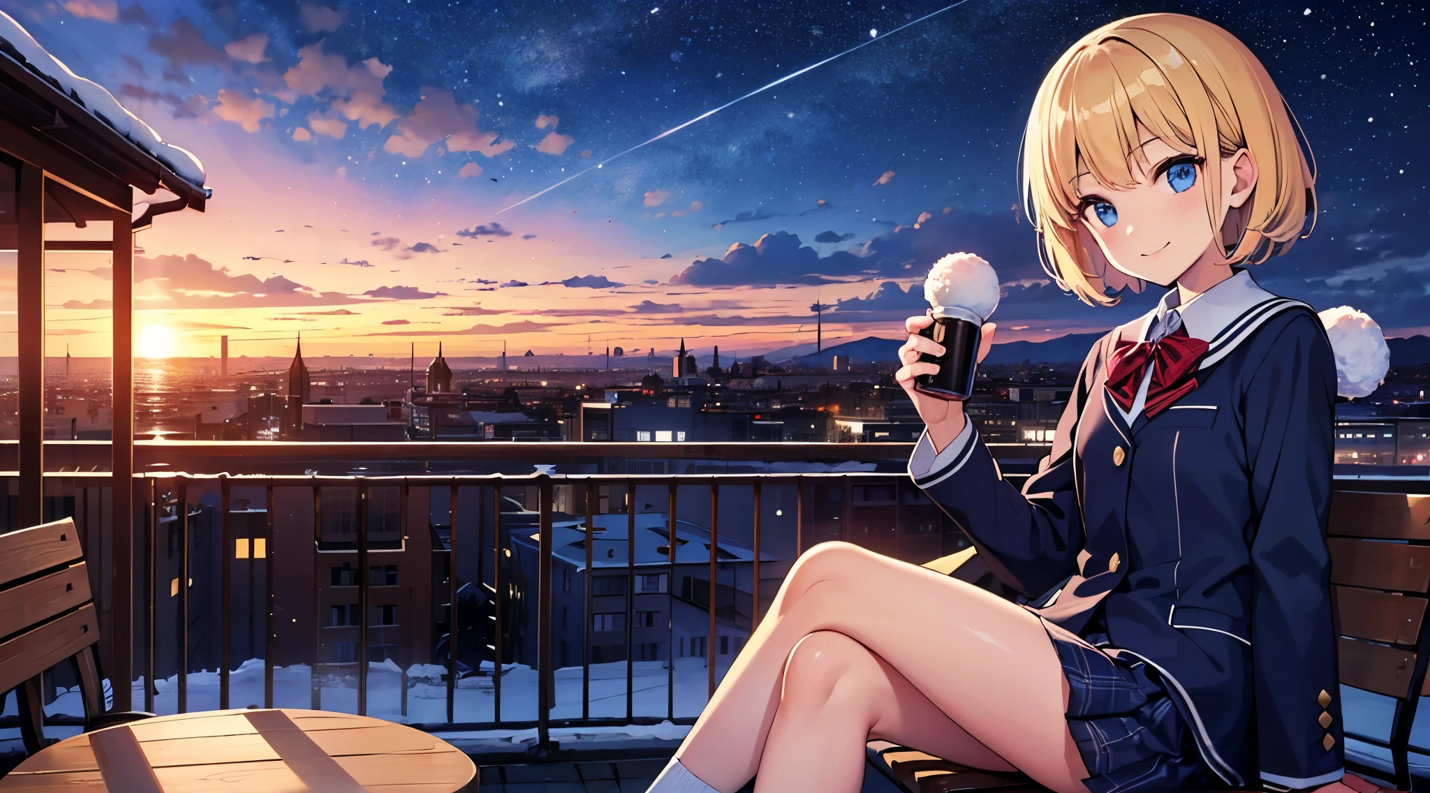 table top,8K,octane, sky sky, performer(sky sky), landscape, starry sky, night, look in camera, (legs without stockings:1.sharp gaze, near sky, Report, outdoor, built, cloud, milky way, city, silhouette, cityscape,(short, Low twin-tailed blonde hair:1.2), (deep blue eyes:1.3, psharp gaze, small smile, (winter school uniform:1.1)