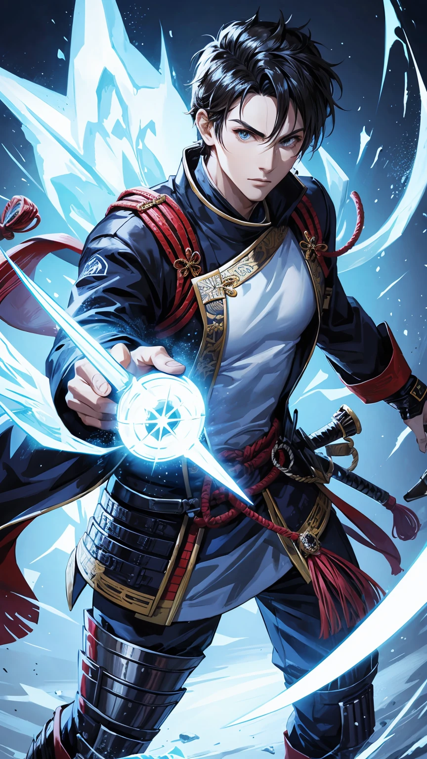 male character with ice powers and stylish samurai attire