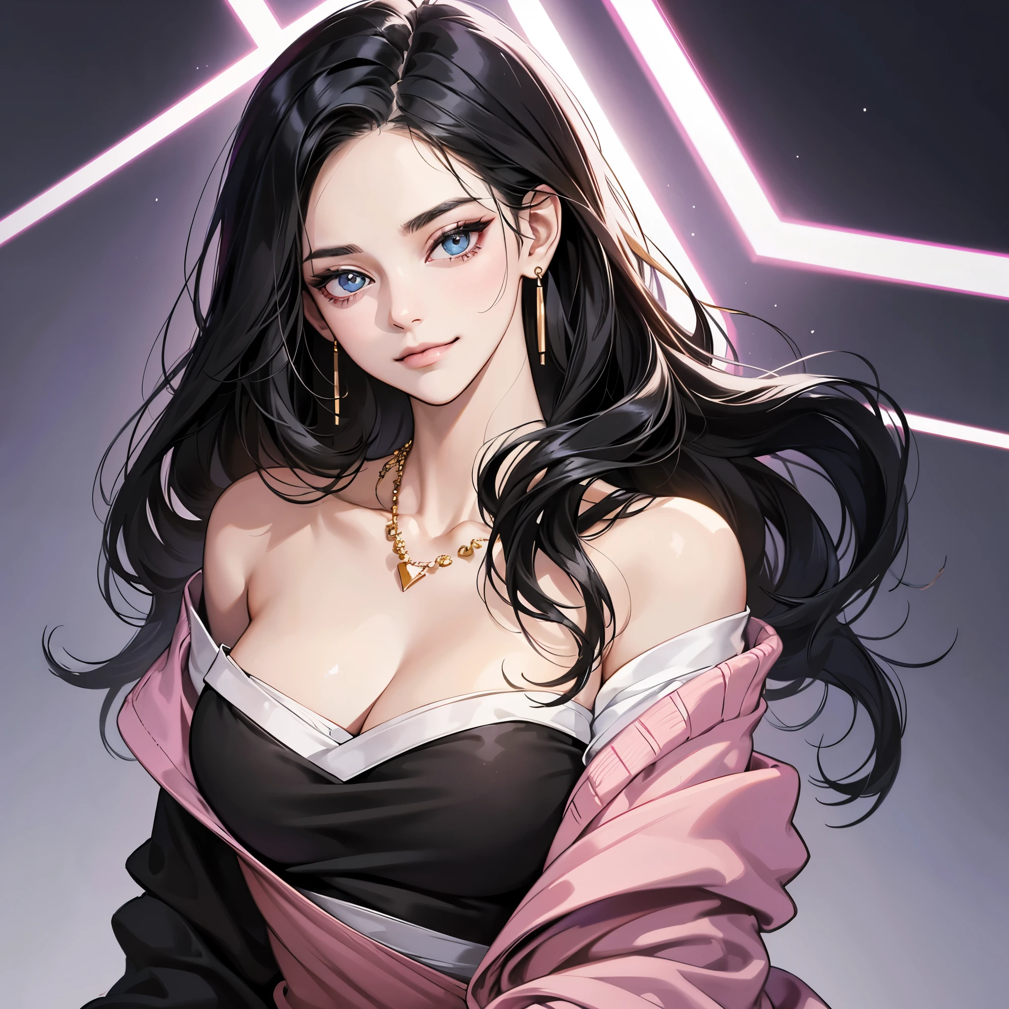 (table top, digital art, digital illustration, 4K, 8K, super detailed, beautiful images, clear image, realistic, RAW photo, perfect face, perfect lines, perfect eyes, soft lighting) ,1 female, (long black hair,Bullish gaze,beautiful woman,closed mouth,smirk,Mature,slender,23 year old female,:1.3),Wearing an off-shoulder black sweater and looking at the viewer、Earrings and necklace are pink gold、Black and blue gradient background